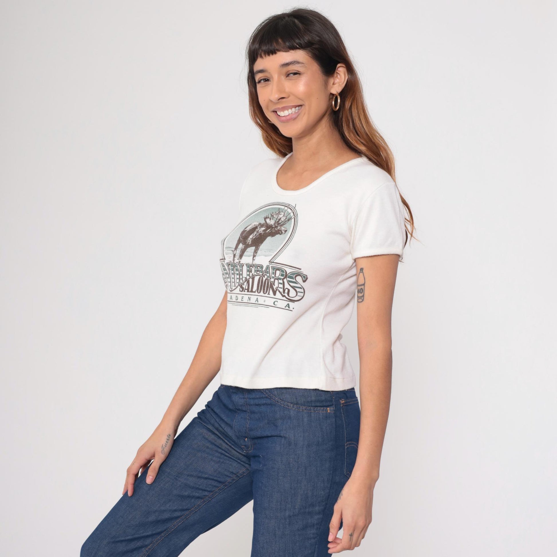 80s Handlebar Saloon Moose Graphic Tee Cream Cropped Large