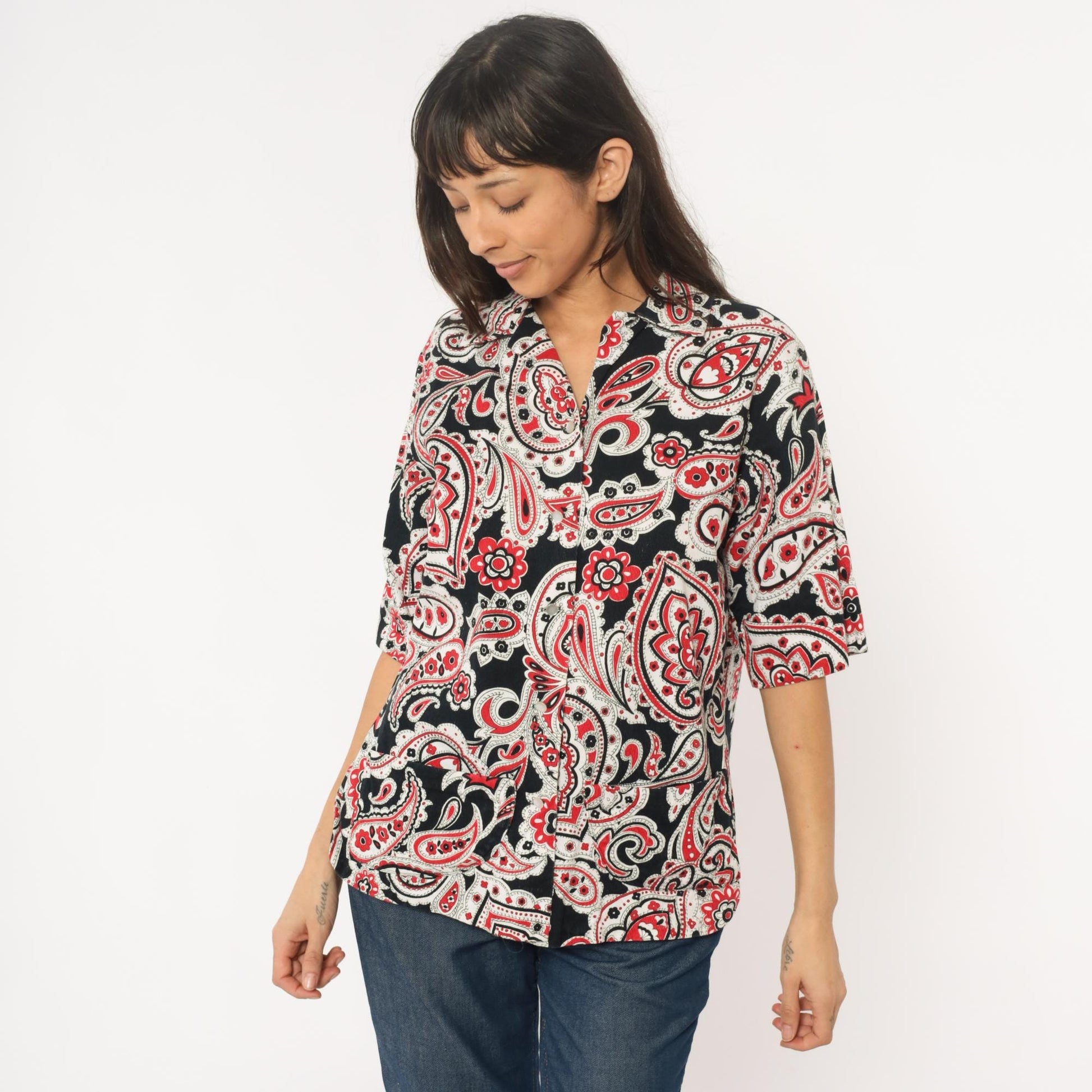 70s Jean Marie Paisley Button-Up Shirt Black Red White Medium