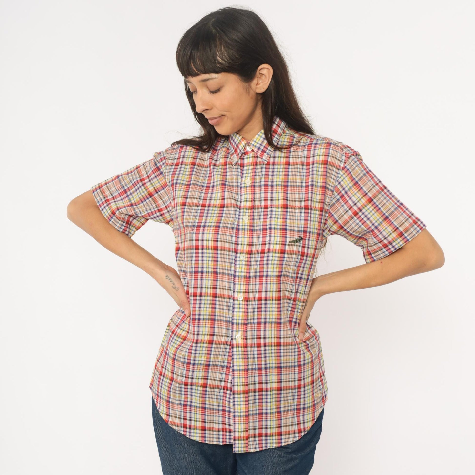 90s Multicolor Plaid Button-Up Shirt Cotton Short Sleeve Small S