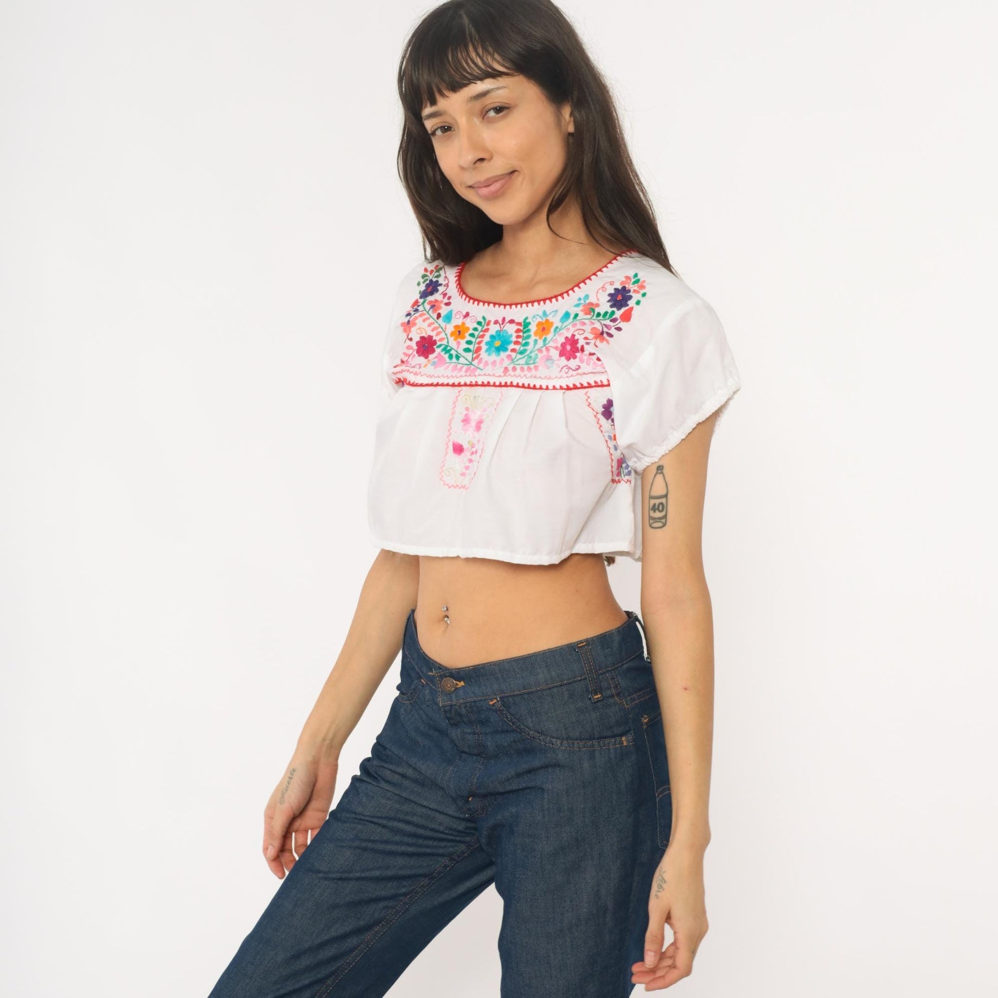 90s Mexican Embroidered Crop Top White Cotton Floral Huipil Small