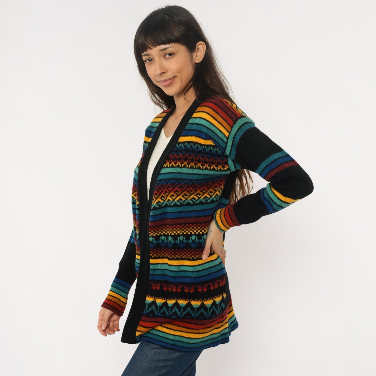 70s Black Cardigan Multicolor Striped Geometric Knit Sweater Medium M