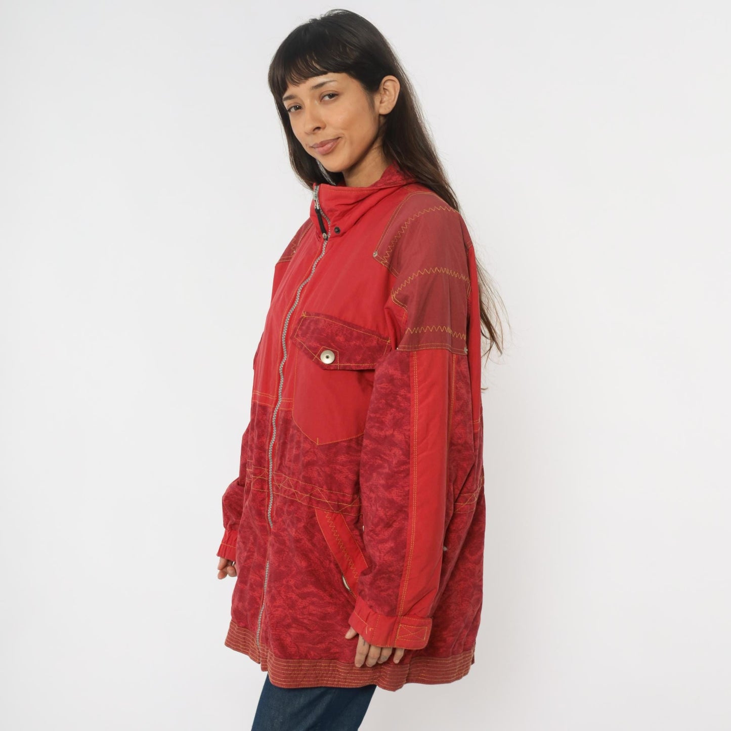 80s Obermeyer Red Nylon Windbreaker Ski Jacket Colour-Block Extra Large XL