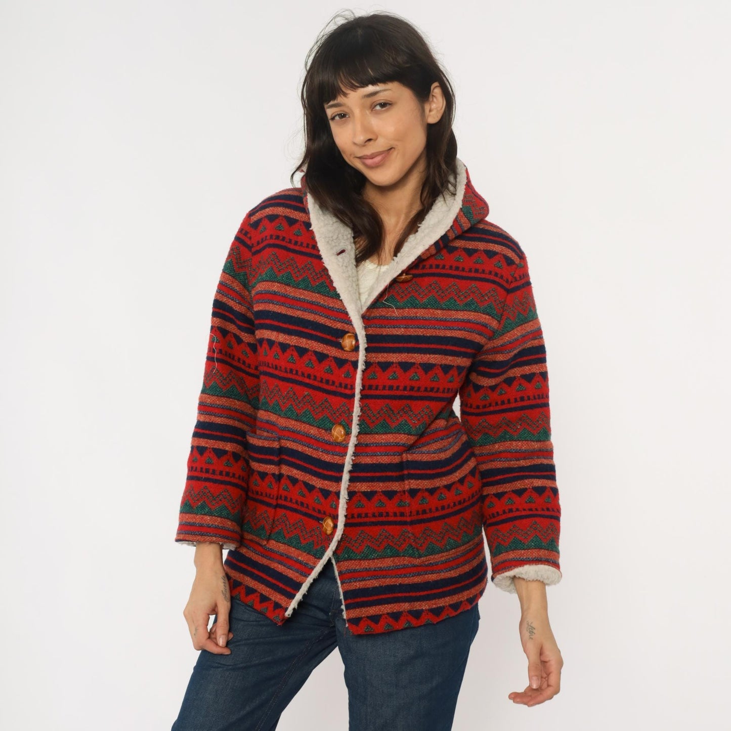 70s Southwestern Hooded Jacket Aztec Pattern Red Navy Orange Wool Blend Extra Small XS
