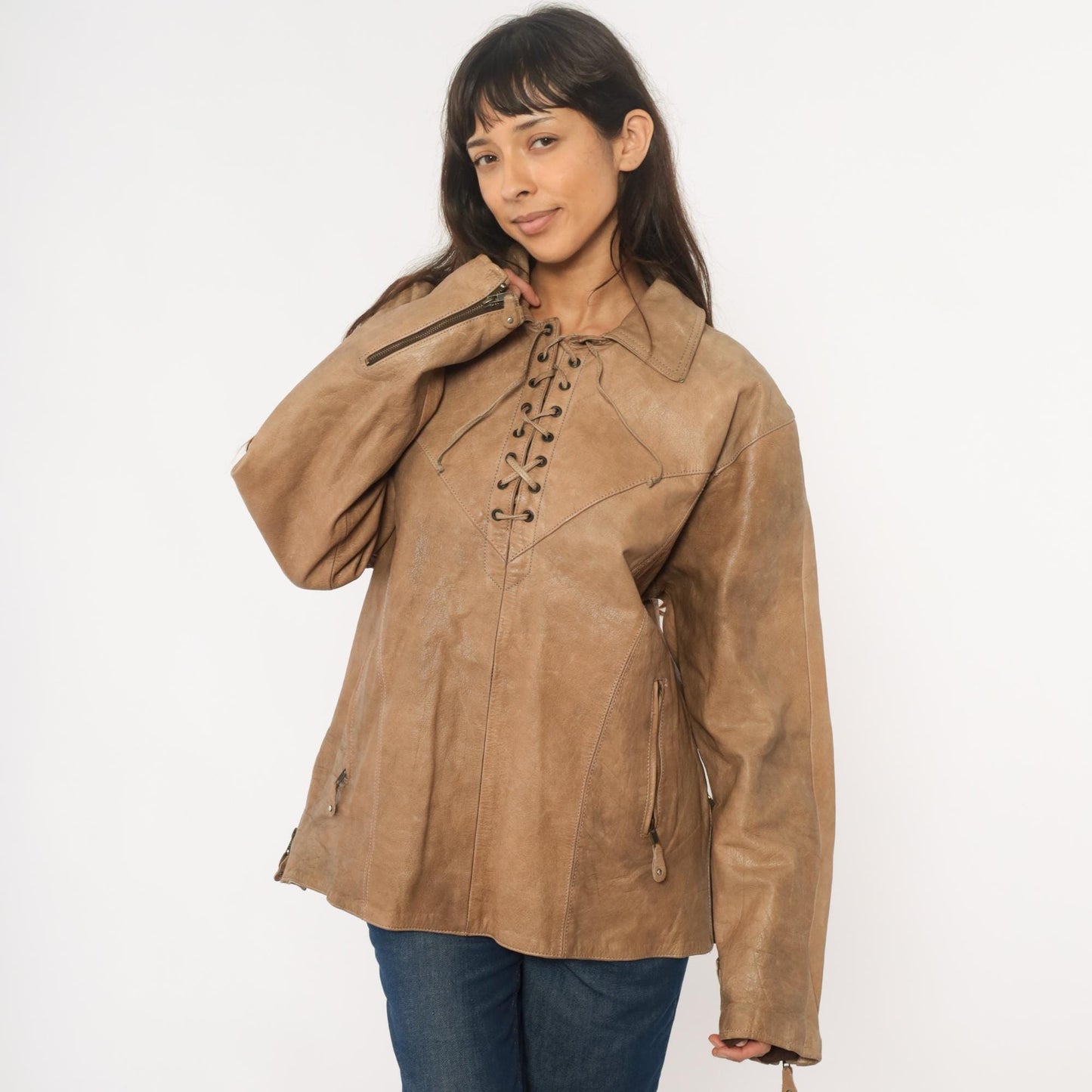 70s Yukon Jack Leather Jacket Tan Lace-Up Western Collar Extra Large XL