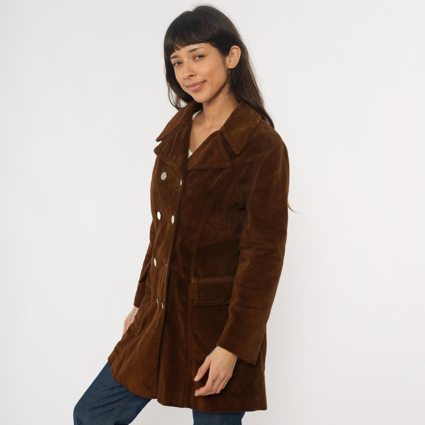 70s Chocolate Brown Corduroy Coat Double Breasted Knee Length Fleece Lined Medium
