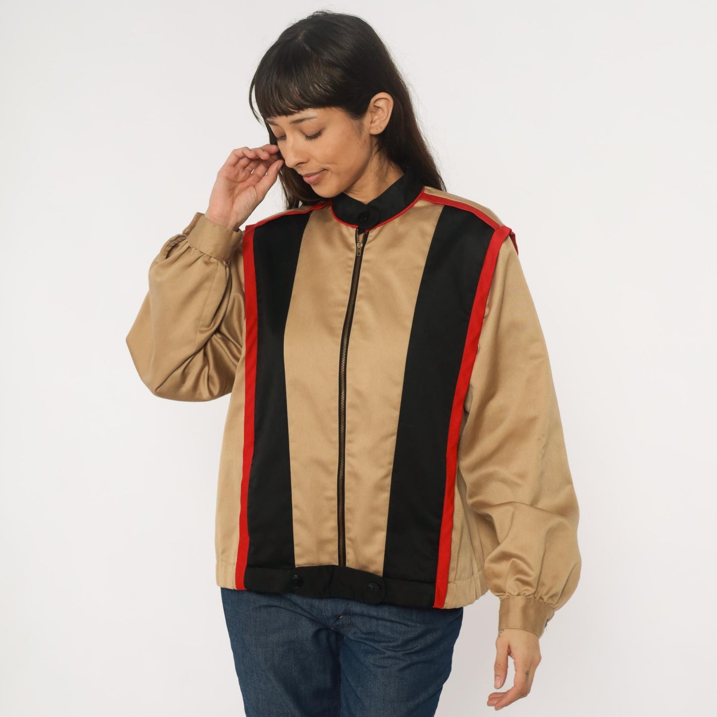 80s Sissies Windbreaker Jacket Tan Black Red Colorblock Medium