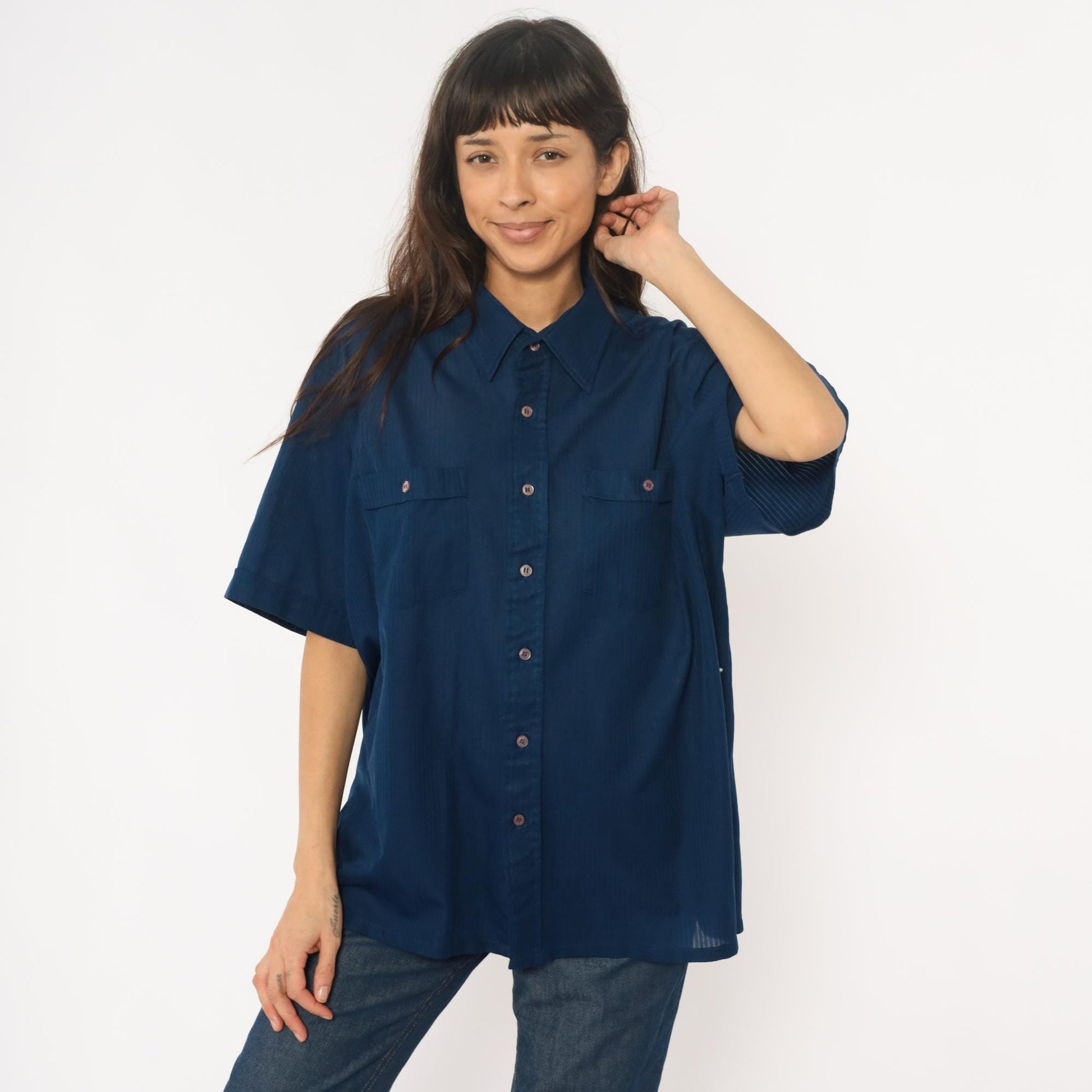 70s Navy Polyester Button-Up Shirt Short Sleeve Chest Pockets Extra Large