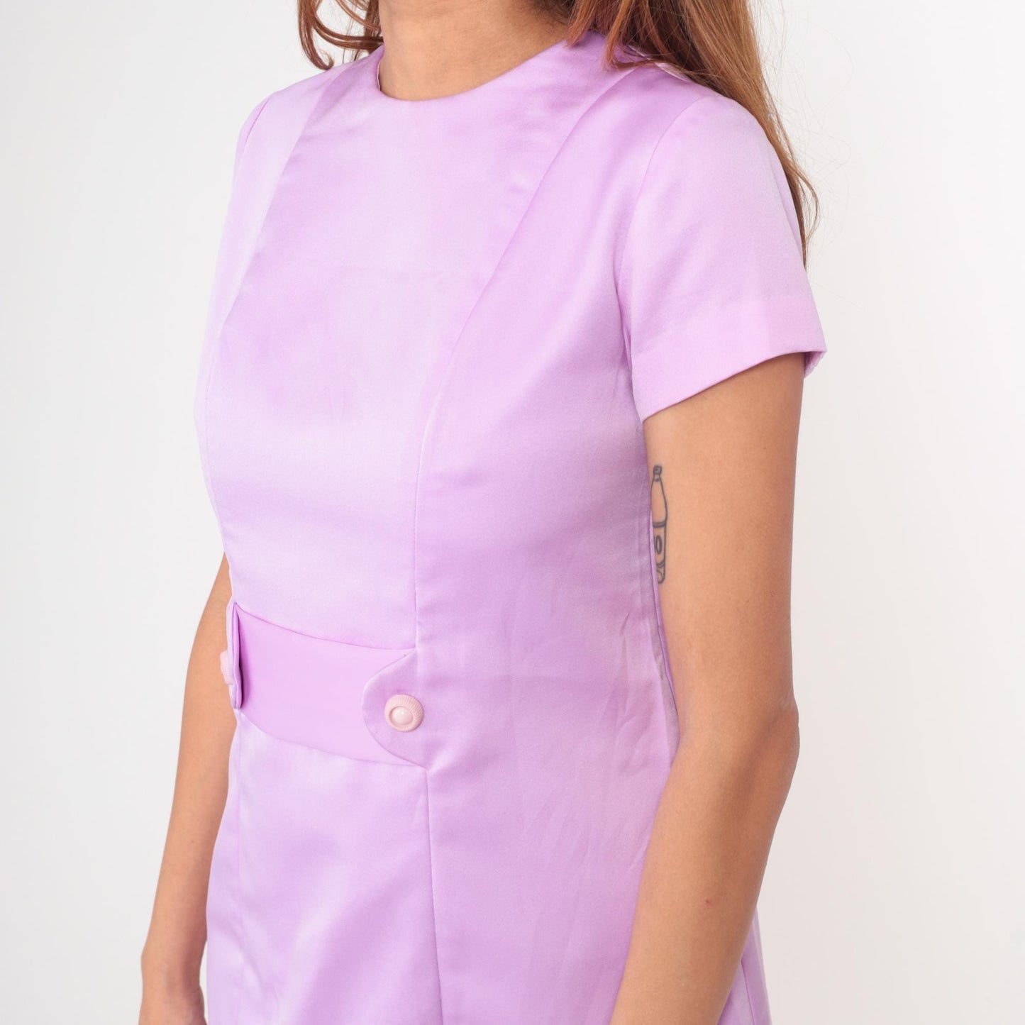 60s Lavender Mini Shift Dress Crew Neck Short Sleeve White Buttons Small