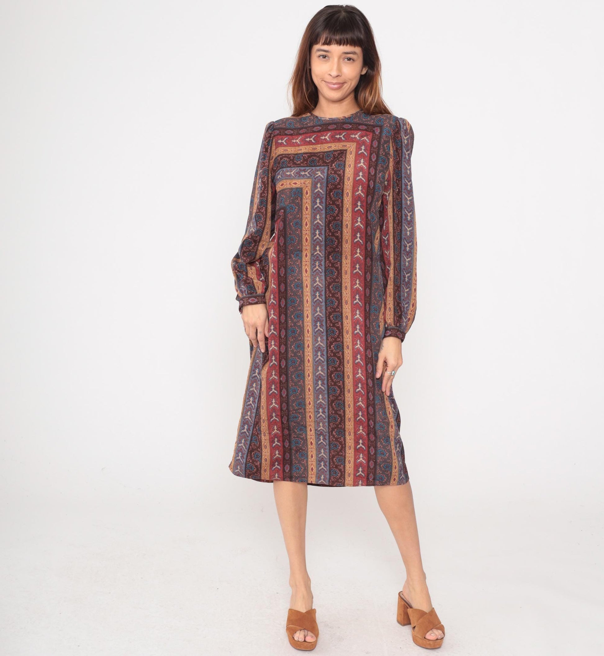 80s Leslie Fay Geometric Midi Dress Long Sleeve Burgundy Teal Medium