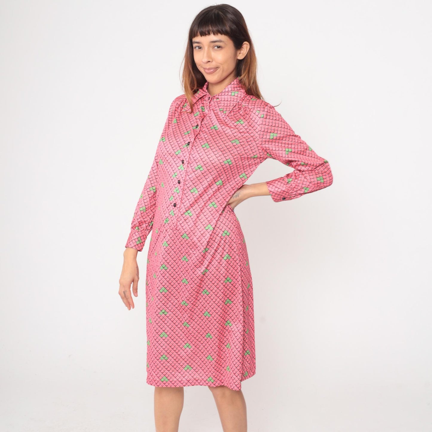 70s Lee Morton Chicago Pink Scale Print Shirt Dress Knee Length Large L