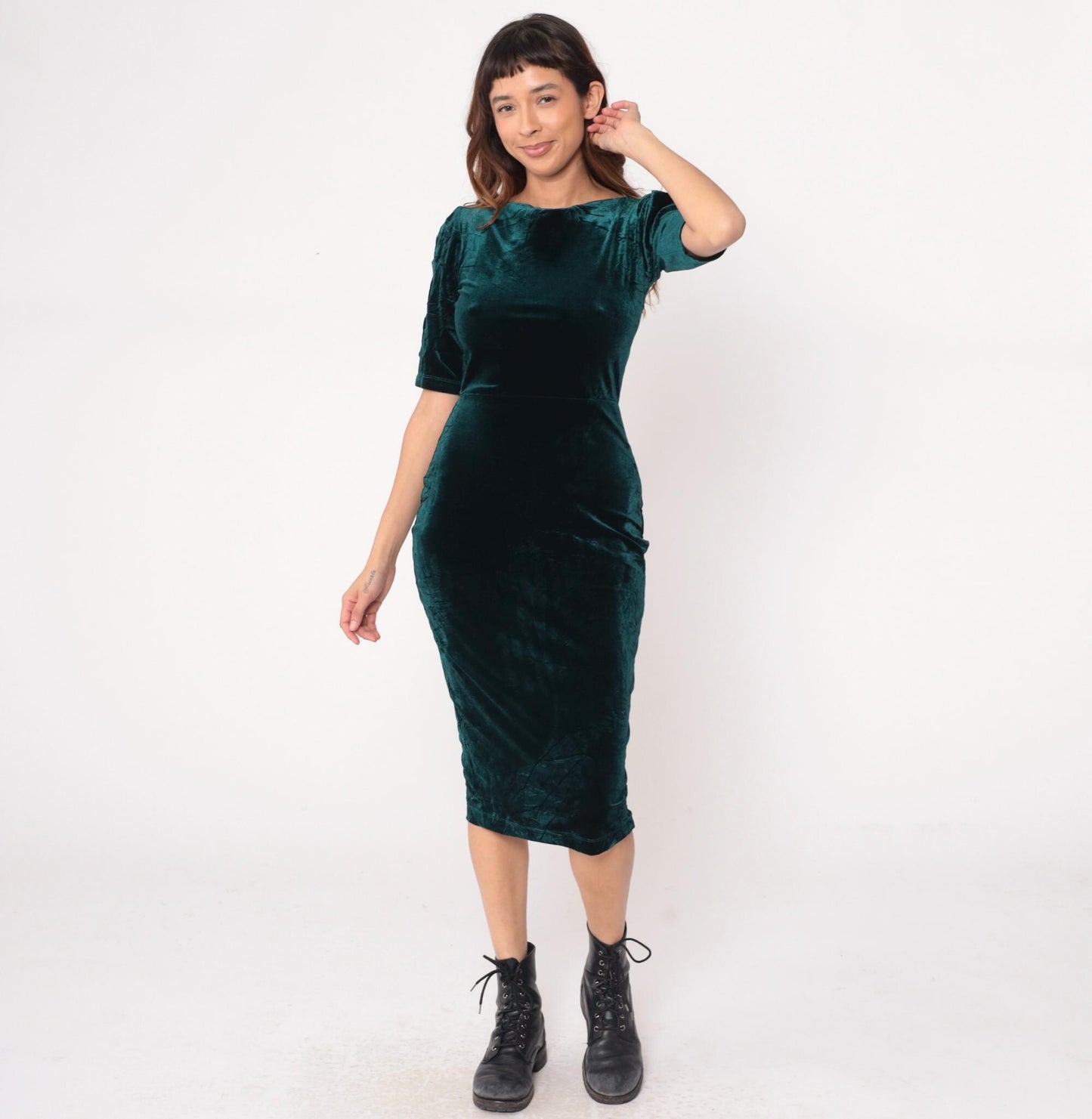 90s Style Camp Emerald Velvet Midi Dress Boat Neck Medium M