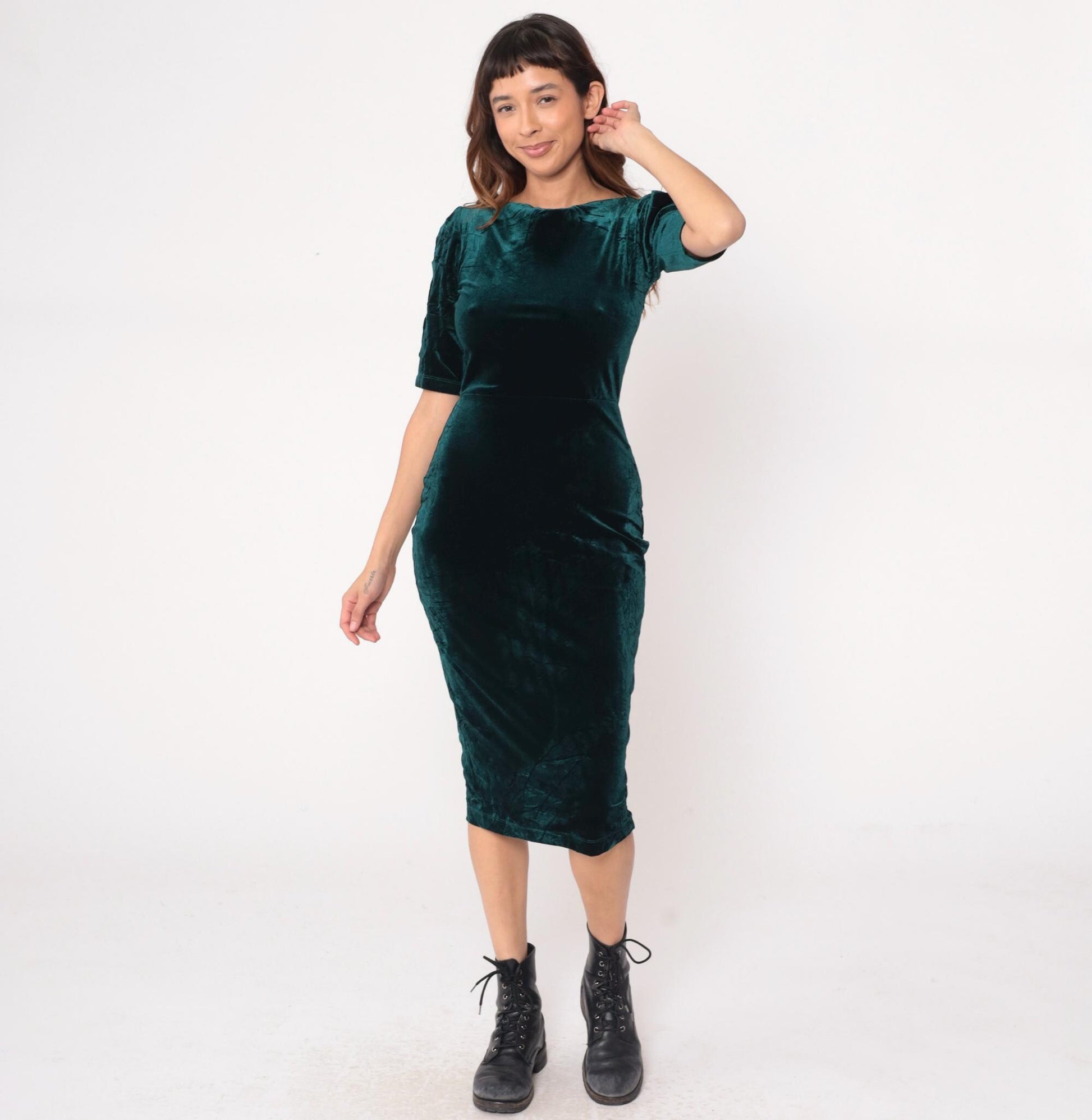 90s Style Camp Emerald Velvet Midi Dress Boat Neck Medium M