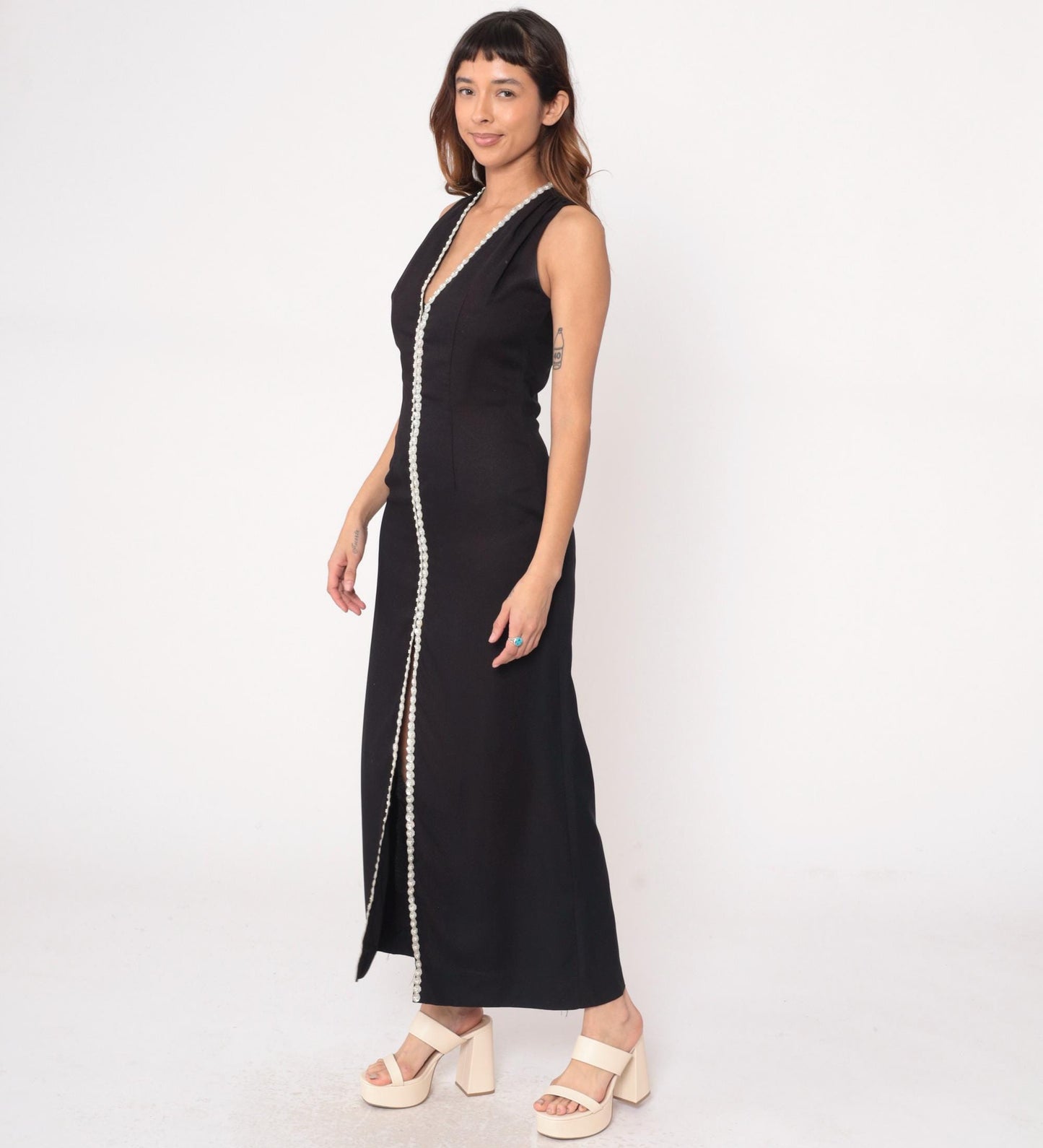 70s Black Maxi Dress White Sequin Beaded V-Neck Sleeveless Column Medium M