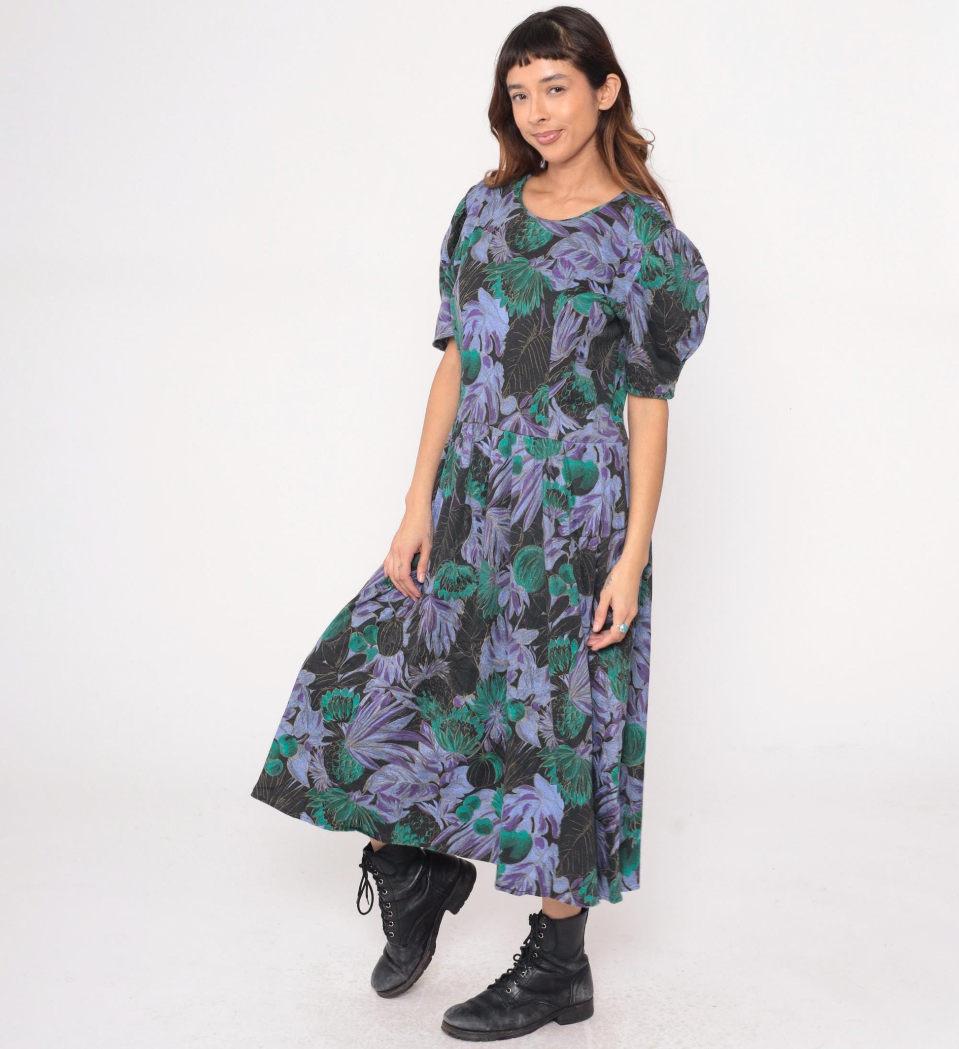 90s Scandels Black Floral Maxi Dress Purple Green Puff Sleeve Drop Waist Medium