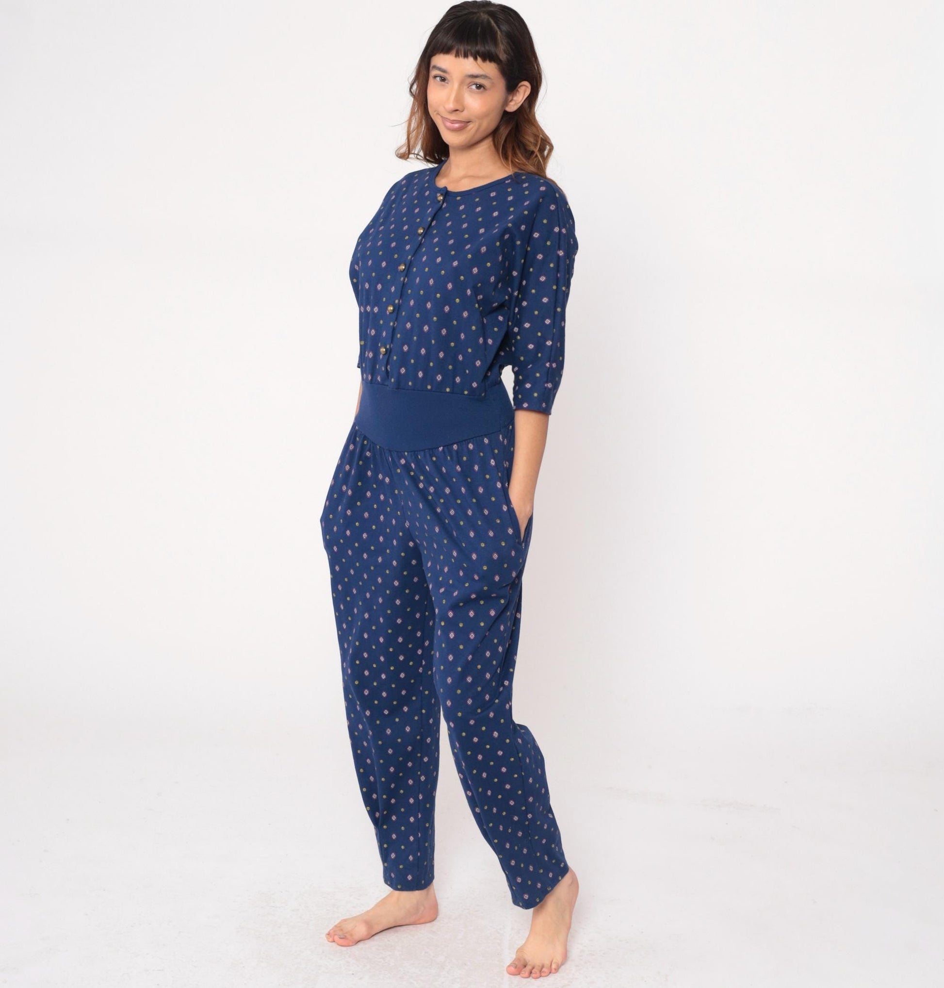 80s Rebe Geometric Jumpsuit Navy Diamond Print Button Front Medium M