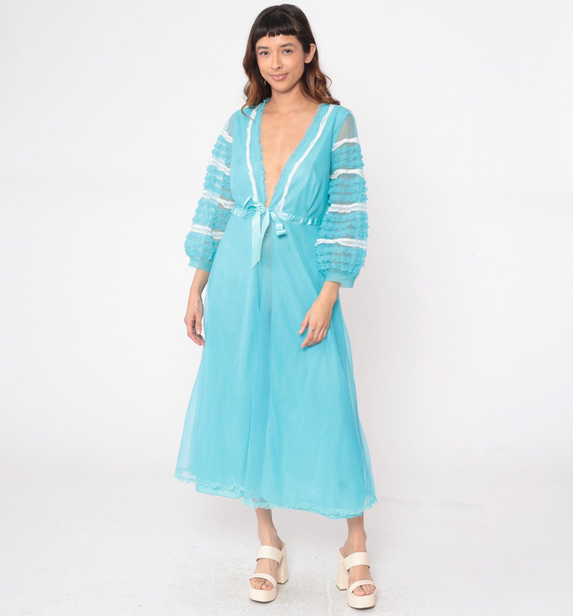 70s Aqua Blue Nylon Robe Sheer Ruffle Lace Trim V-Neck Maxi Medium