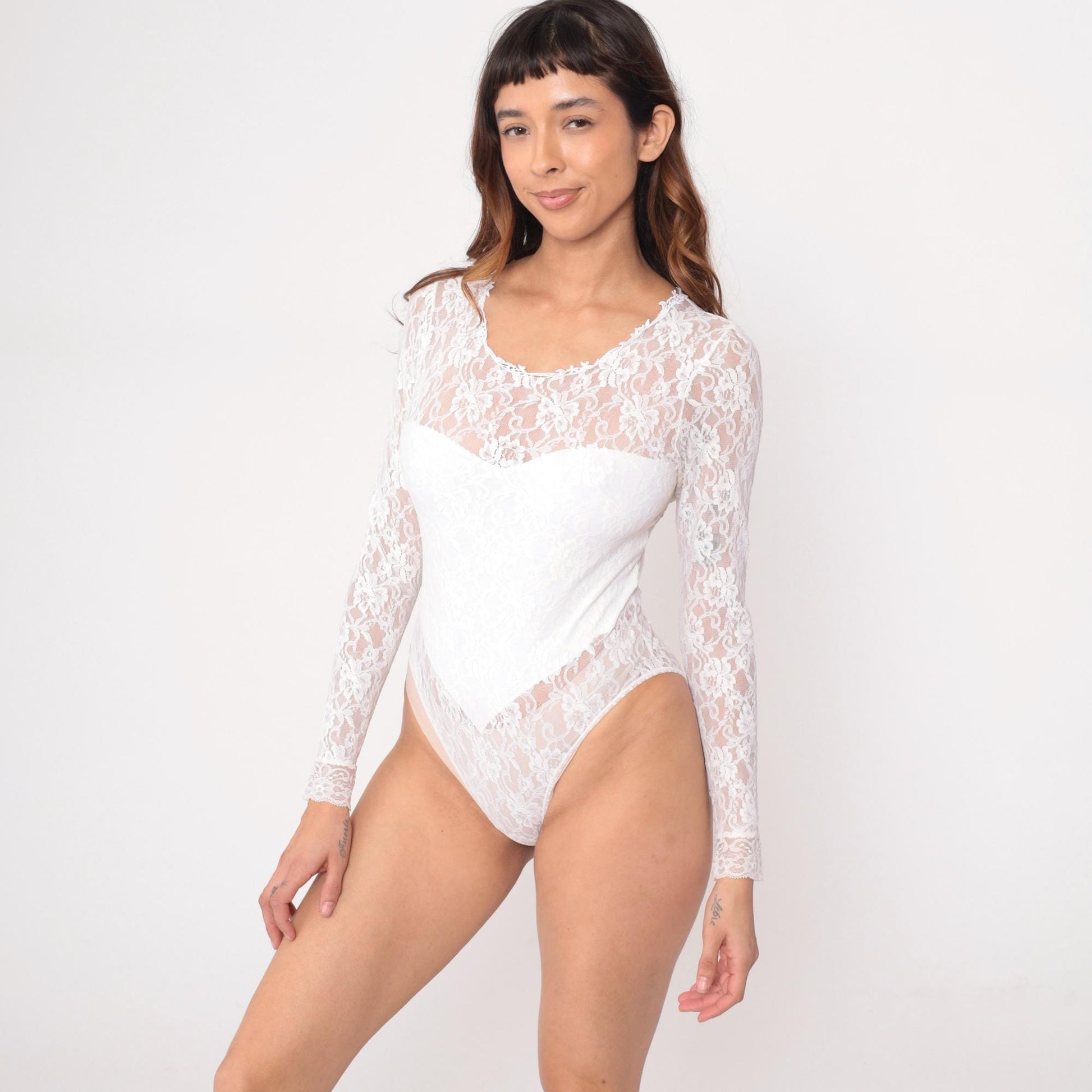 80s Hanky Panky White Lace Bodysuit Floral Scoop Neck Small S