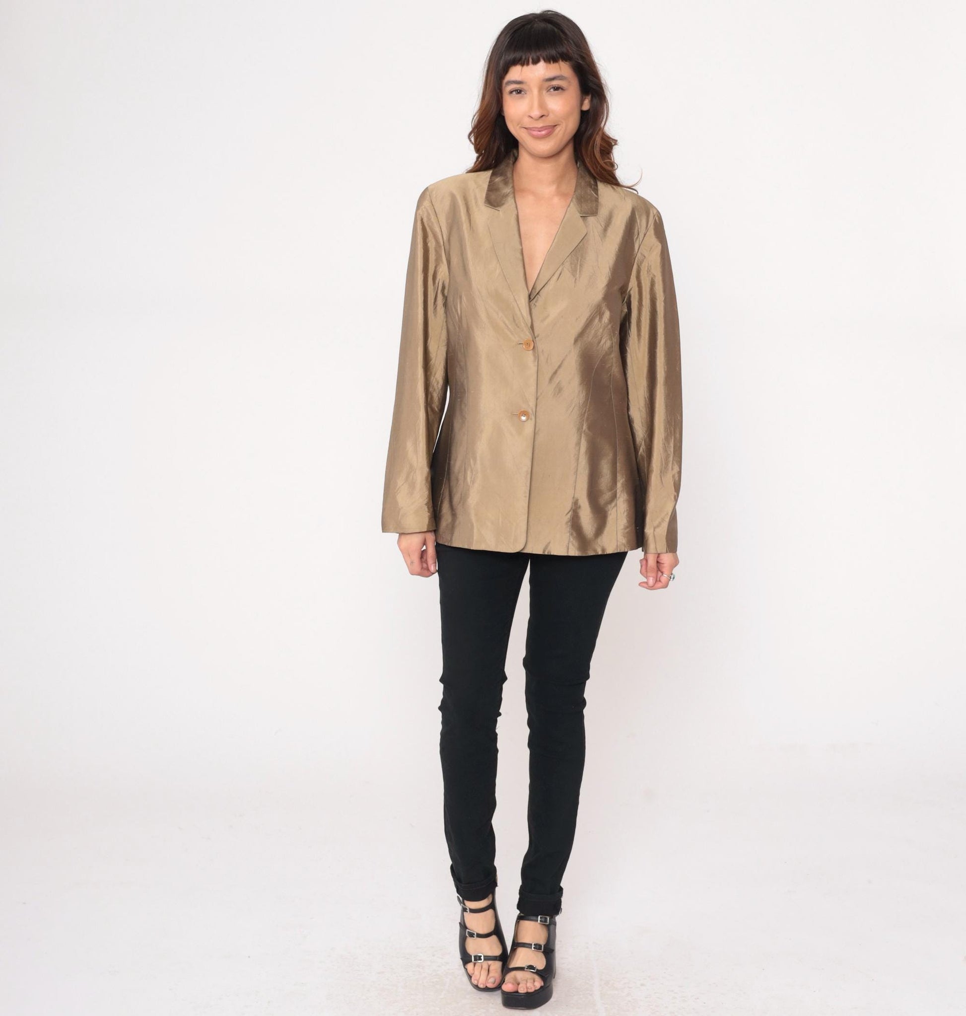 Y2K Ann Taylor Silk Blazer Tan Shawl Collar Two-Button Large L