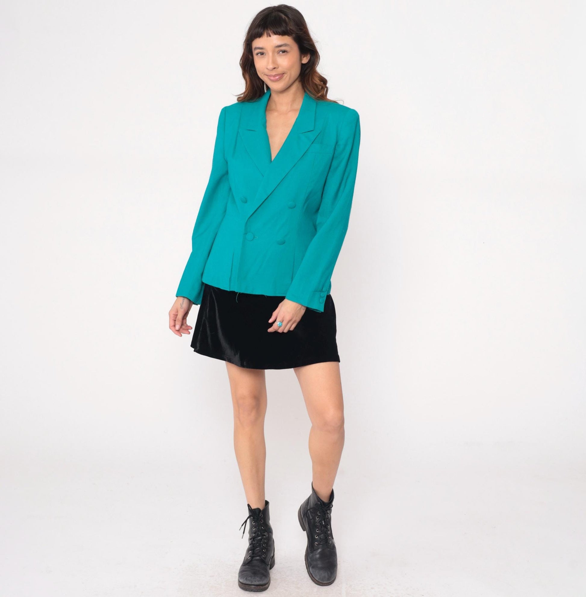 90s Gilmor Teal Double-Breasted Blazer Peaked Lapels Structured Medium