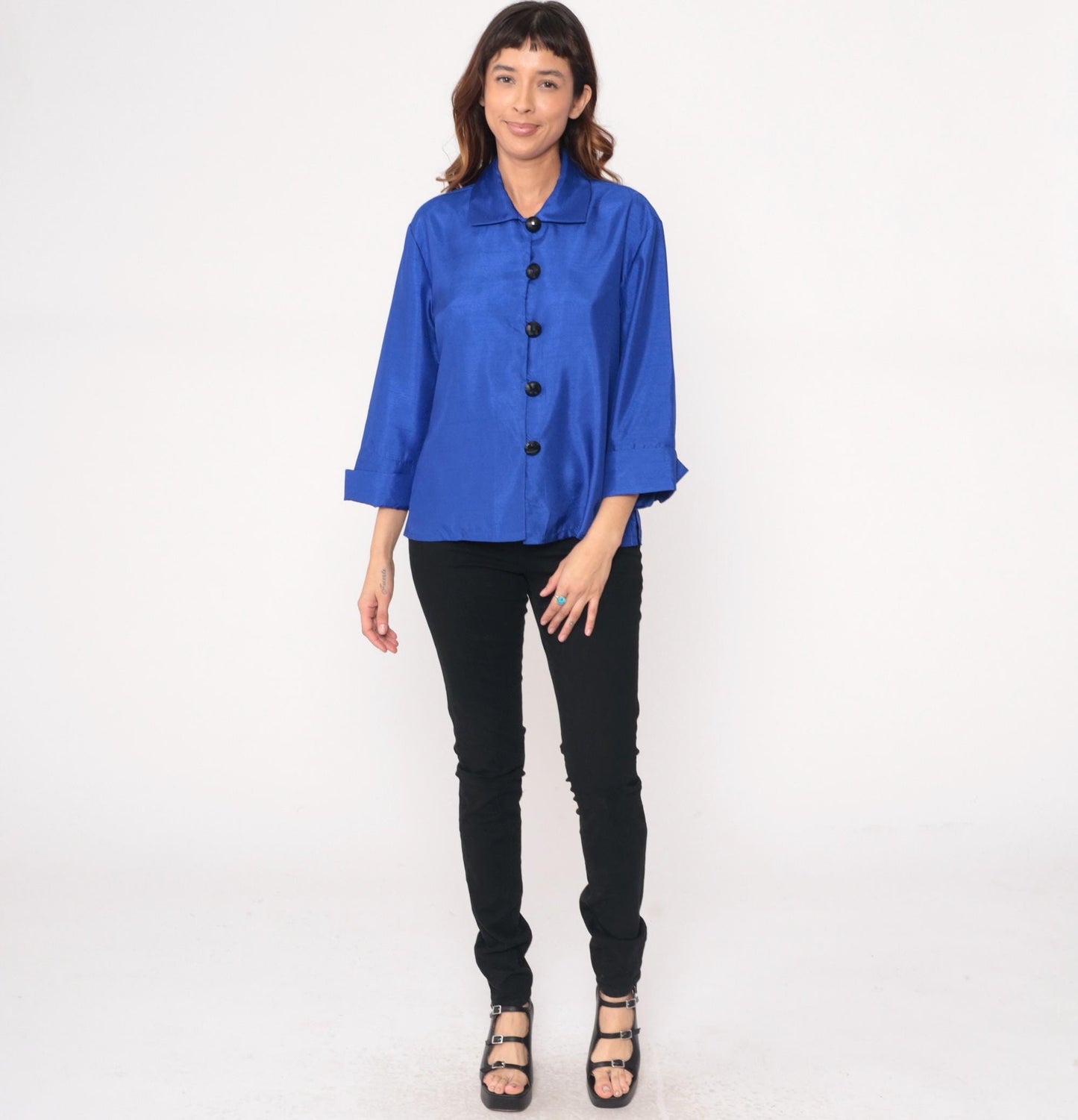Y2K Royal Blue Button-Front Blouse Drapers Studio Collared Three-Quarter Sleeve Medium