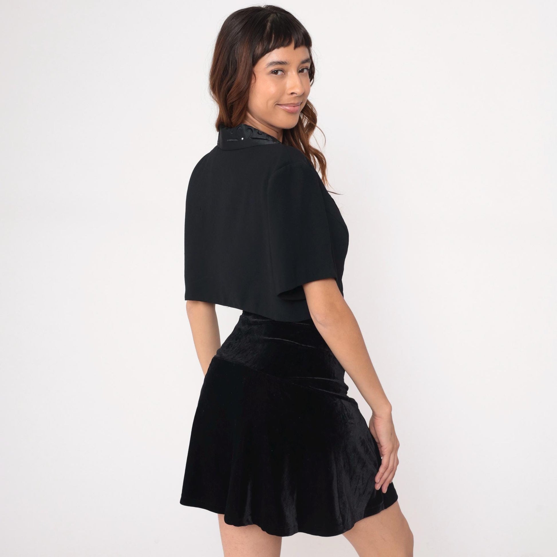 90s Black Rhinestone Bolero Jacket Cropped Satin Collar Short Sleeve Large L