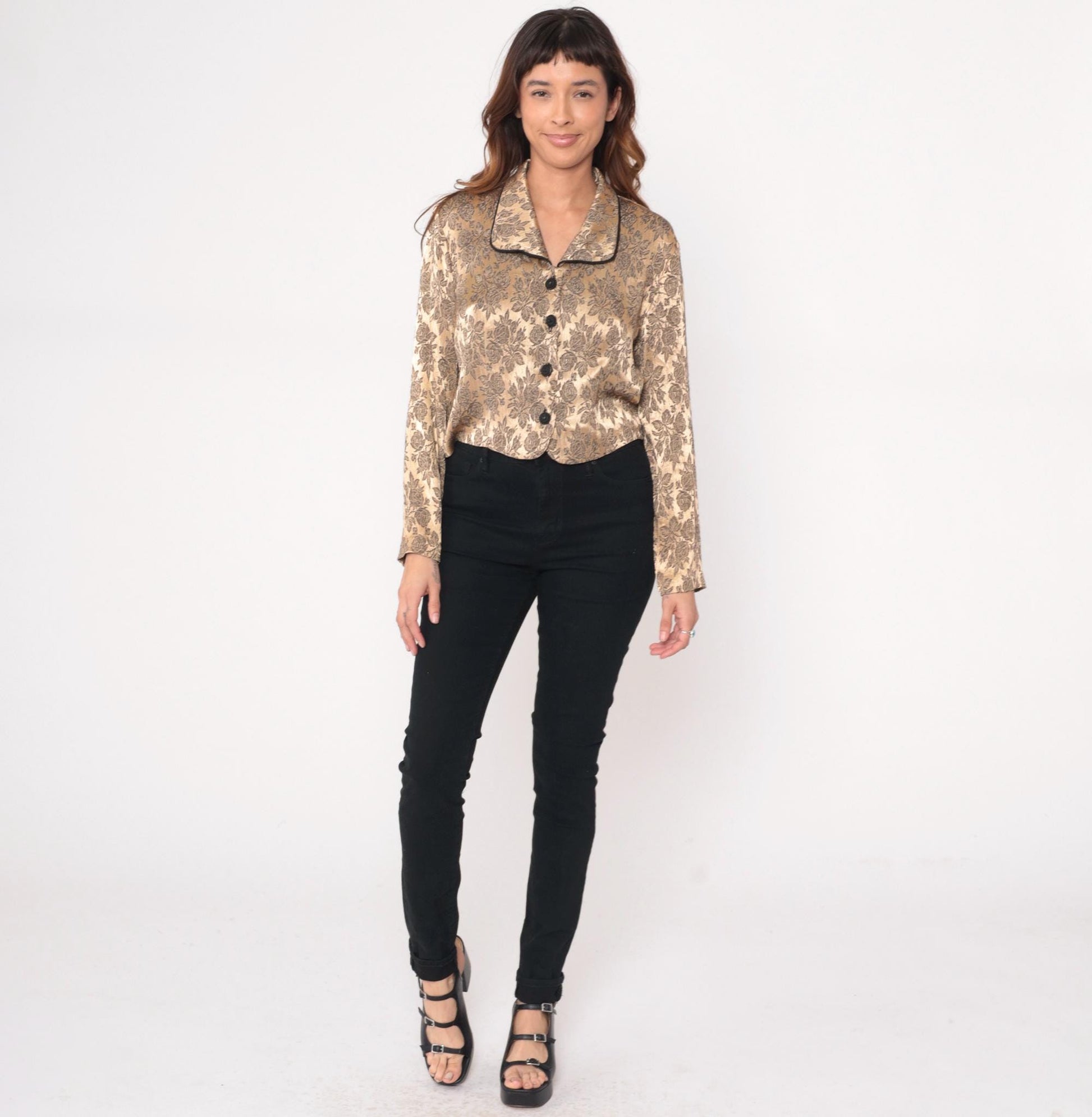 90s Sheri Martin Floral Brocade Jacket Cropped Champagne Black Piping Medium