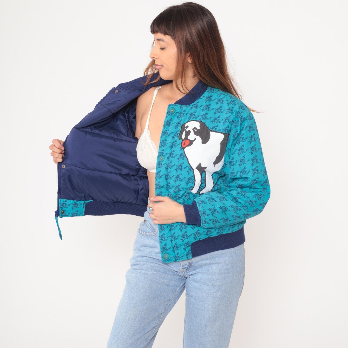 90s Big Dogs Bomber Jacket Turquoise Navy Ribbed Trim Dog Graphic Youth XL