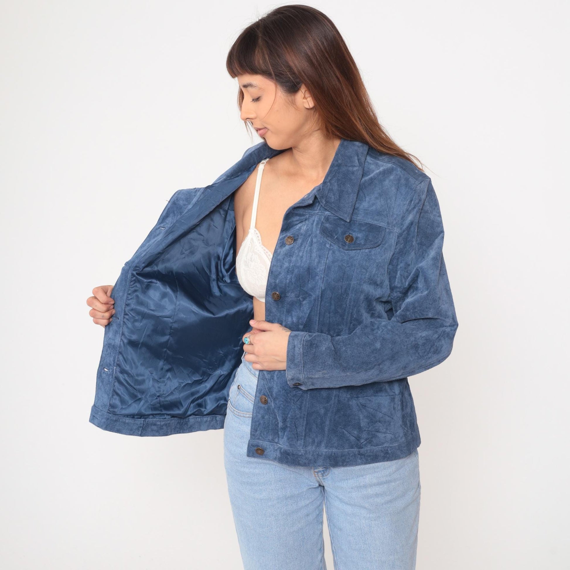 Y2K Blue Suede Jacket Collared Trucker Western Chest Pockets Extra Large