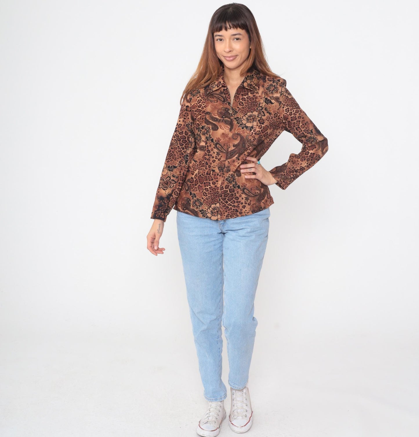 Y2K Brown Leopard Paisley Floral Zip Jacket Small S
