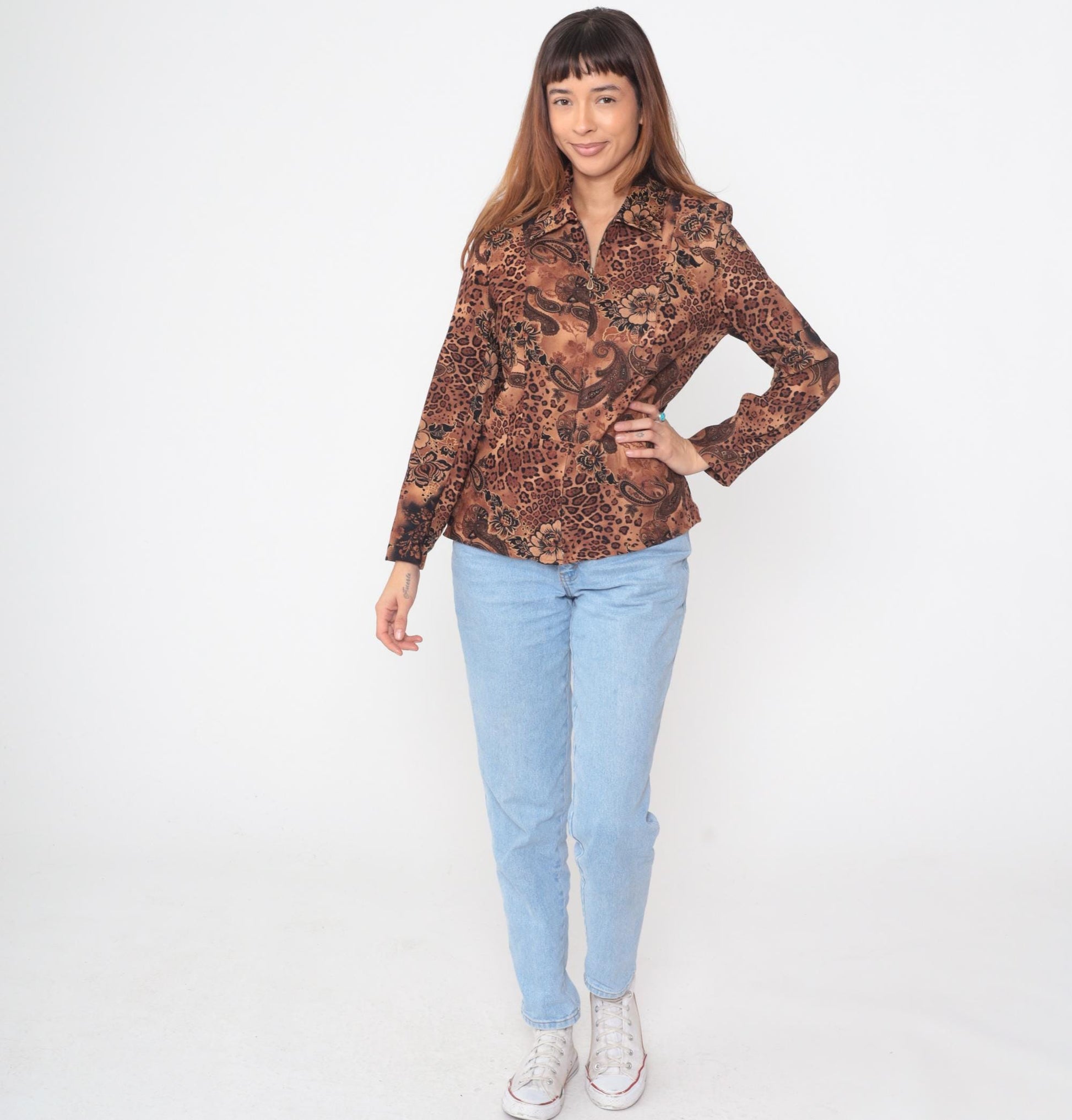 Y2K Brown Leopard Paisley Floral Zip Jacket Small S