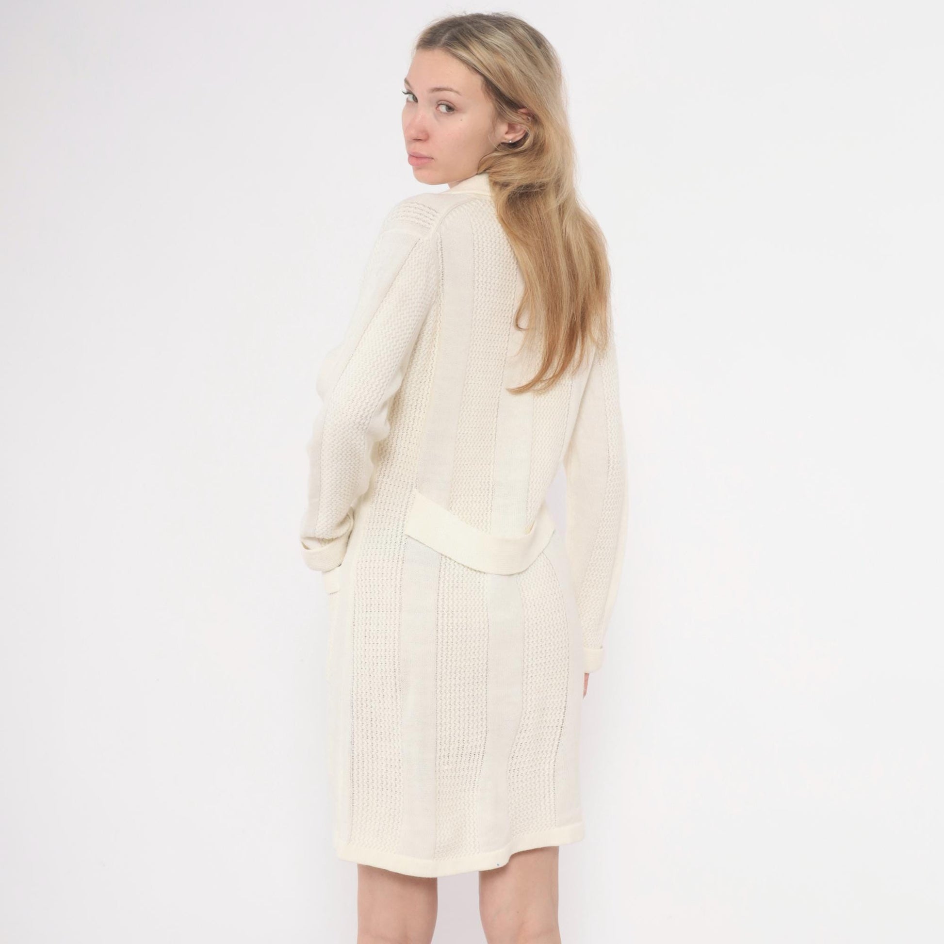 70s Cream Cable Knit Cardigan Dress Collared Button Front Large L