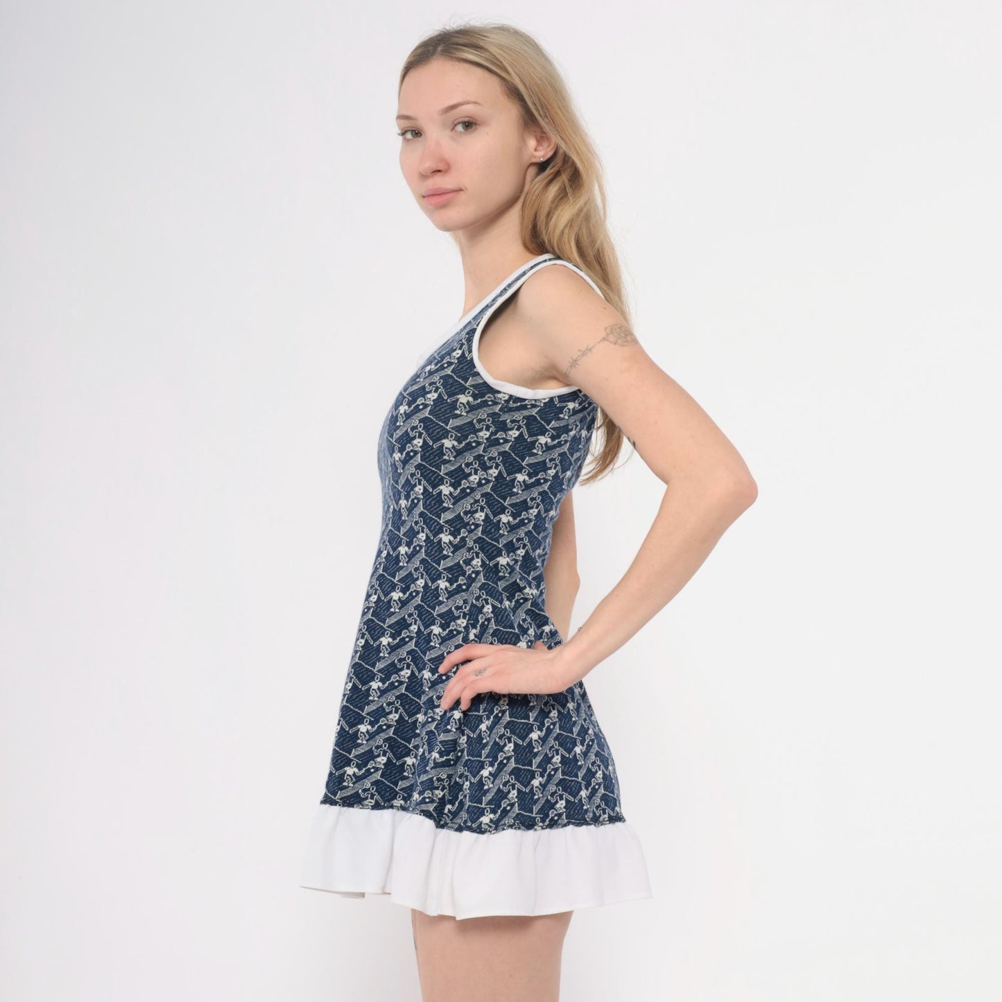 70s Navy Tennis Print Sleeveless Tunic White Trim Mini Dress Extra Small XS