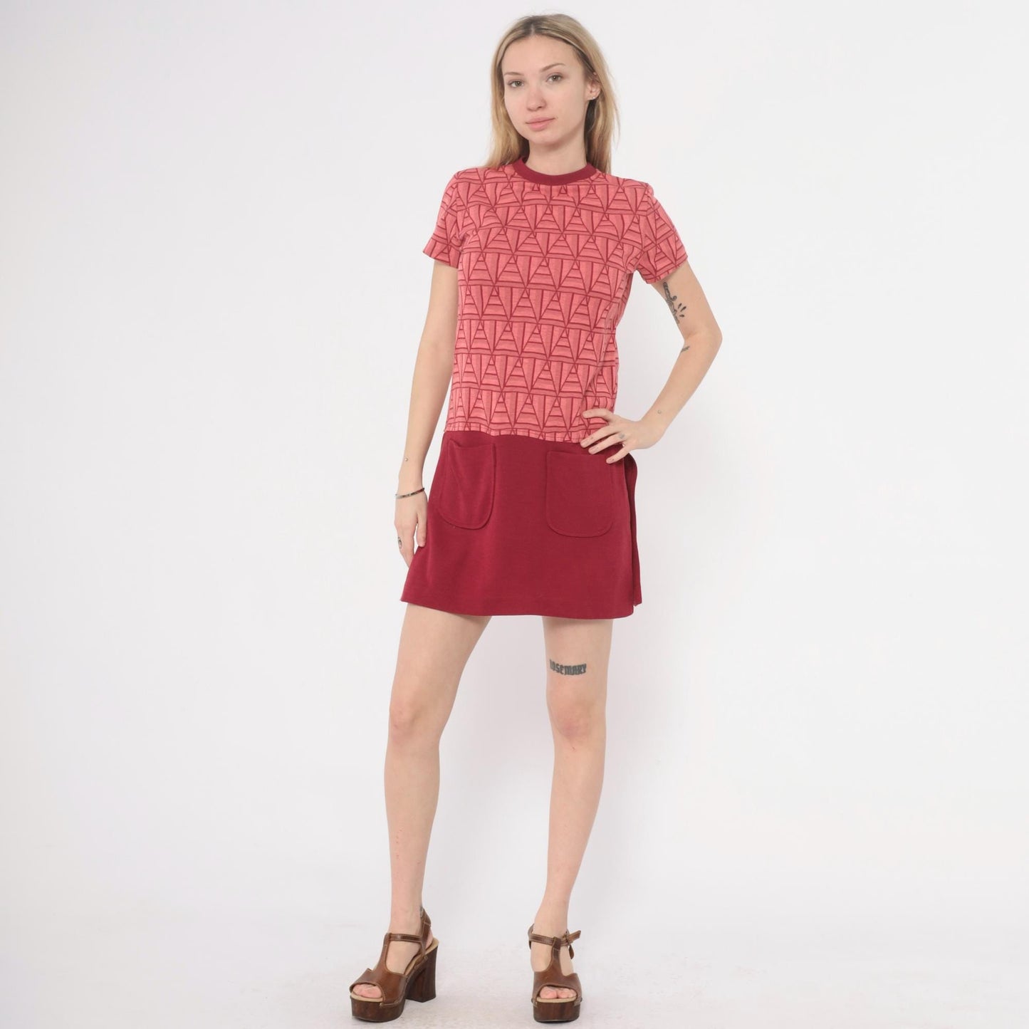 60s Coral Geometric Shift Dress Mini Knee-Length Mod Space Age Pink Extra Small XS