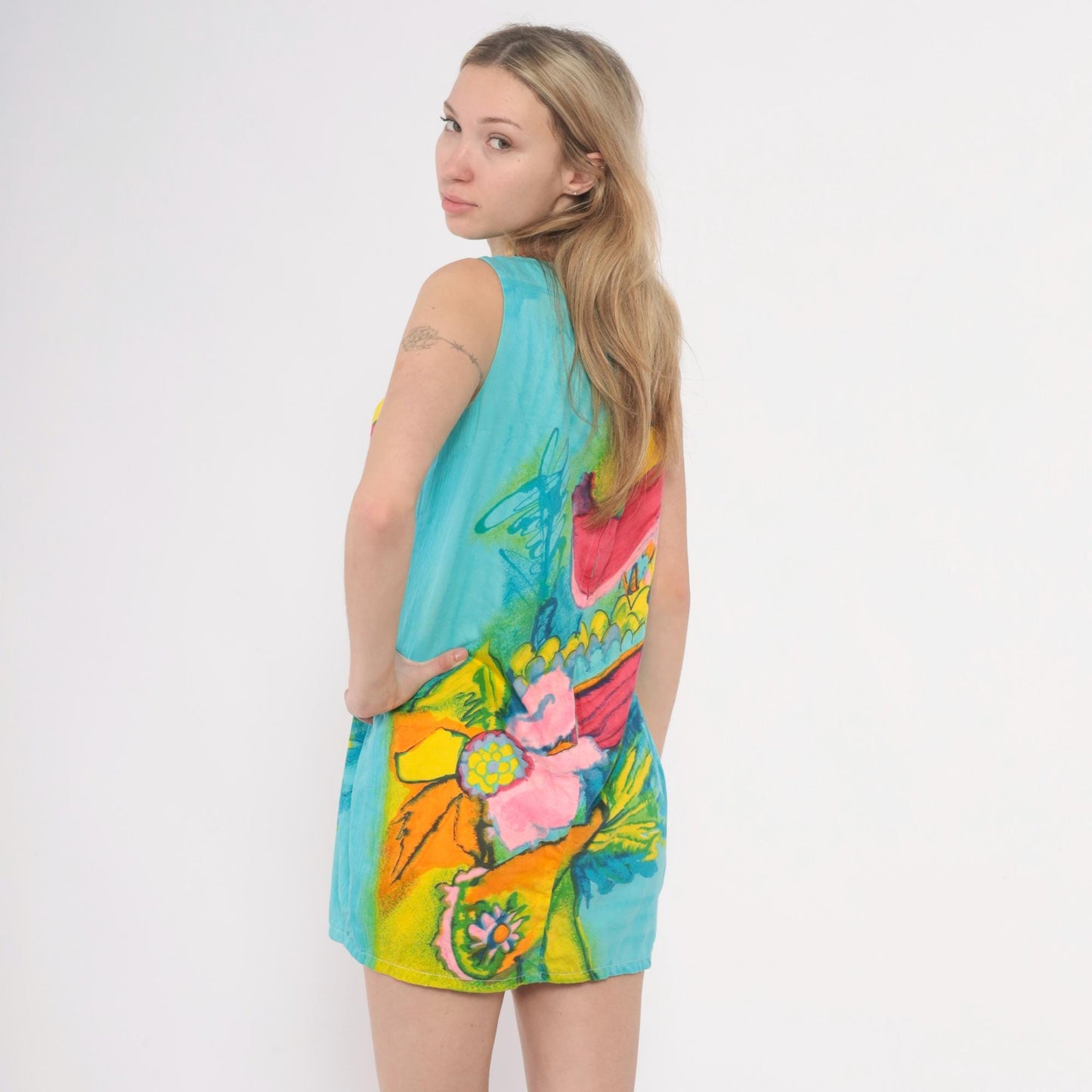 60s Psychedelic Floral Mini Dress Shift Sleeveless Cotton Turquoise Small