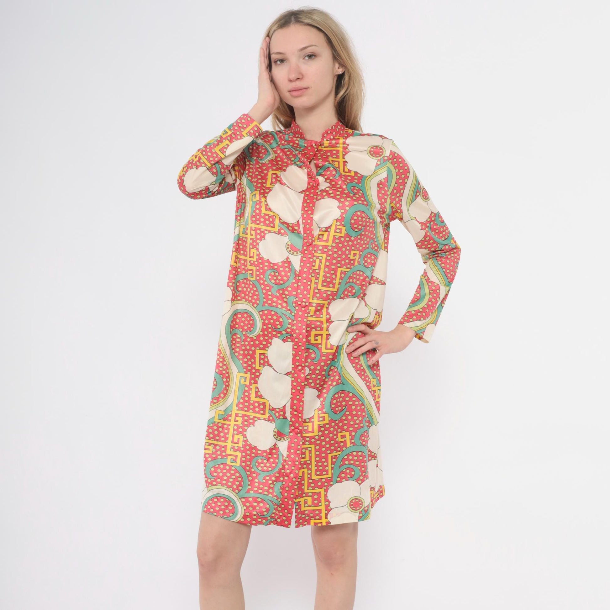 70s Psychedelic Floral Tunic Dress Pink Cream Mint Knee-Length Medium M