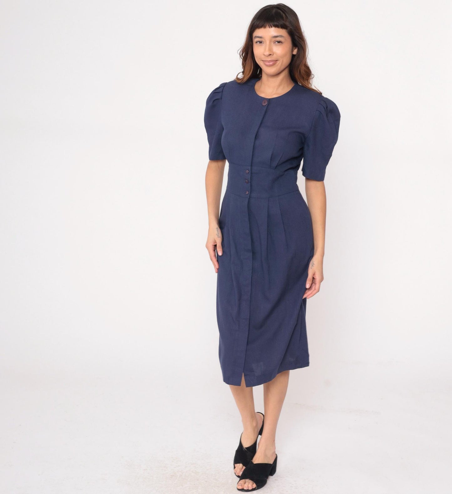 80s Jessica Howard Navy Puff Sleeve Dress Pleated Skirt Shoulder Pads Medium