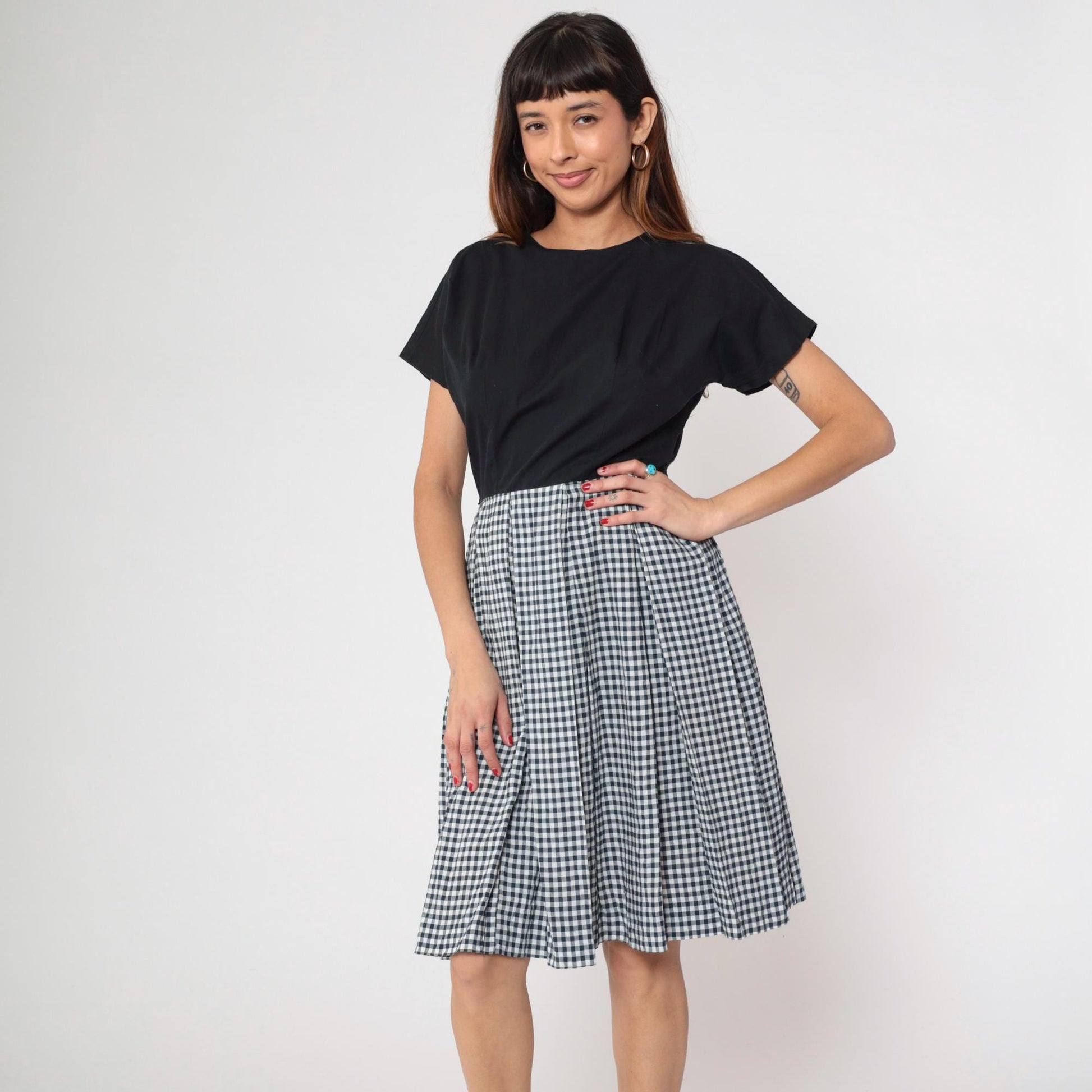 90s Black White Gingham Dress Crew Neck A-Line Knee Length Cotton Medium M