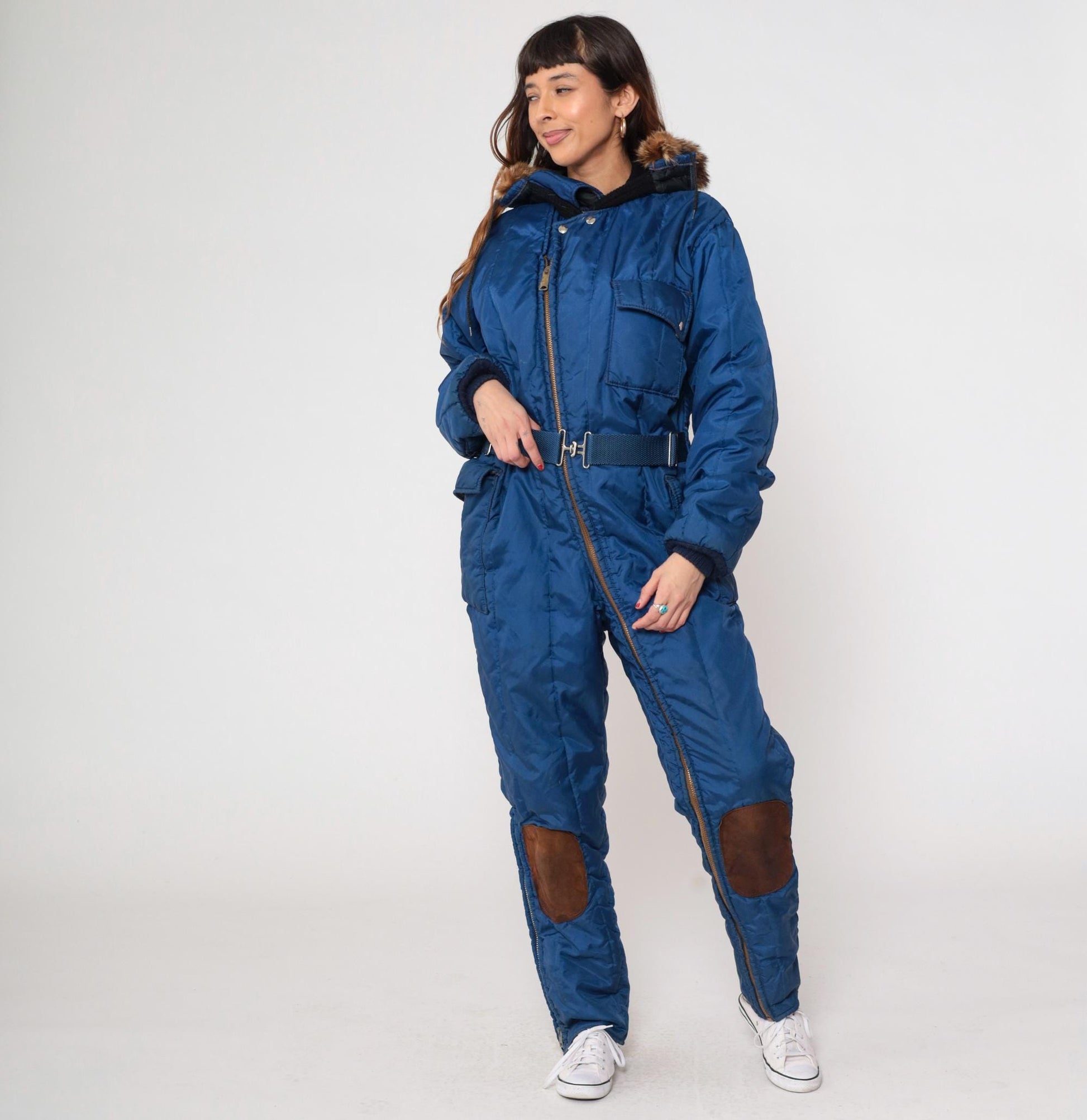 70s Polarware Ski Suit Blue Snowsuit Fur Hood American Flag Mens Medium