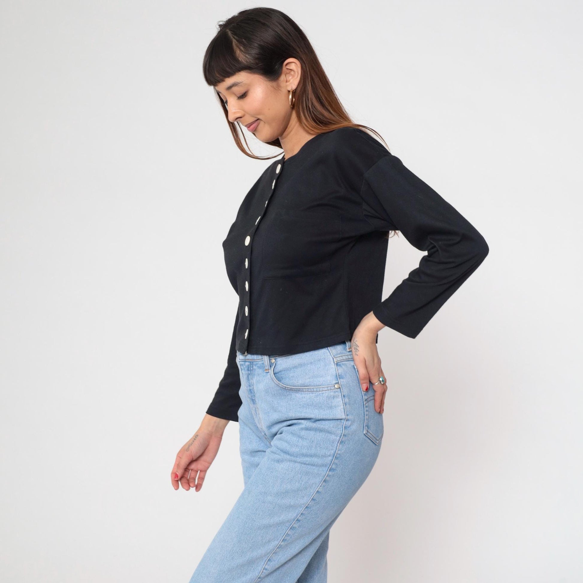 90s Adrenaline Black Cropped Cardigan White Buttons Crew Neck Medium M