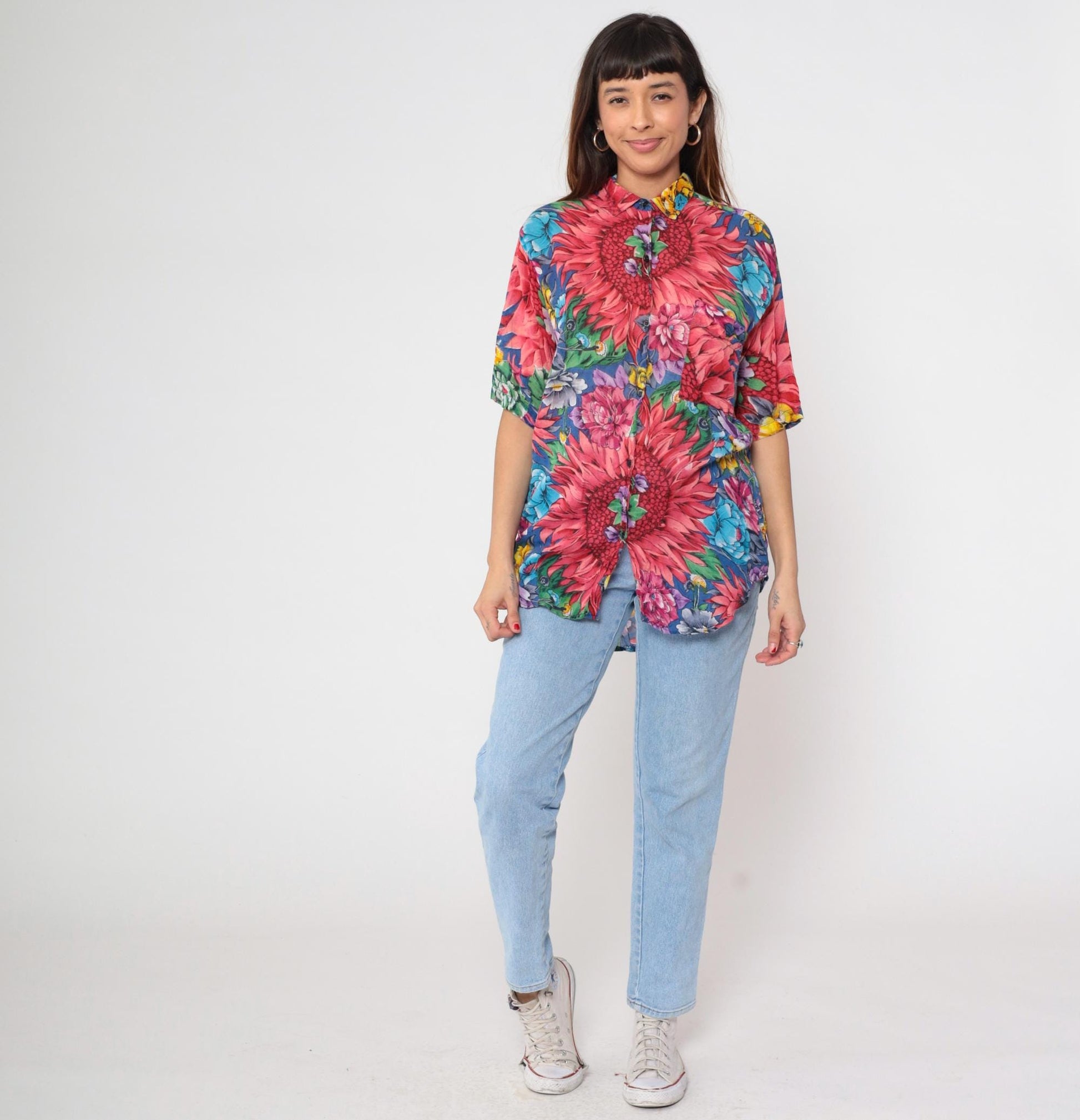 90s Floral Cotton Mandarin Collar Shirt Pink Dahlia Print Large L