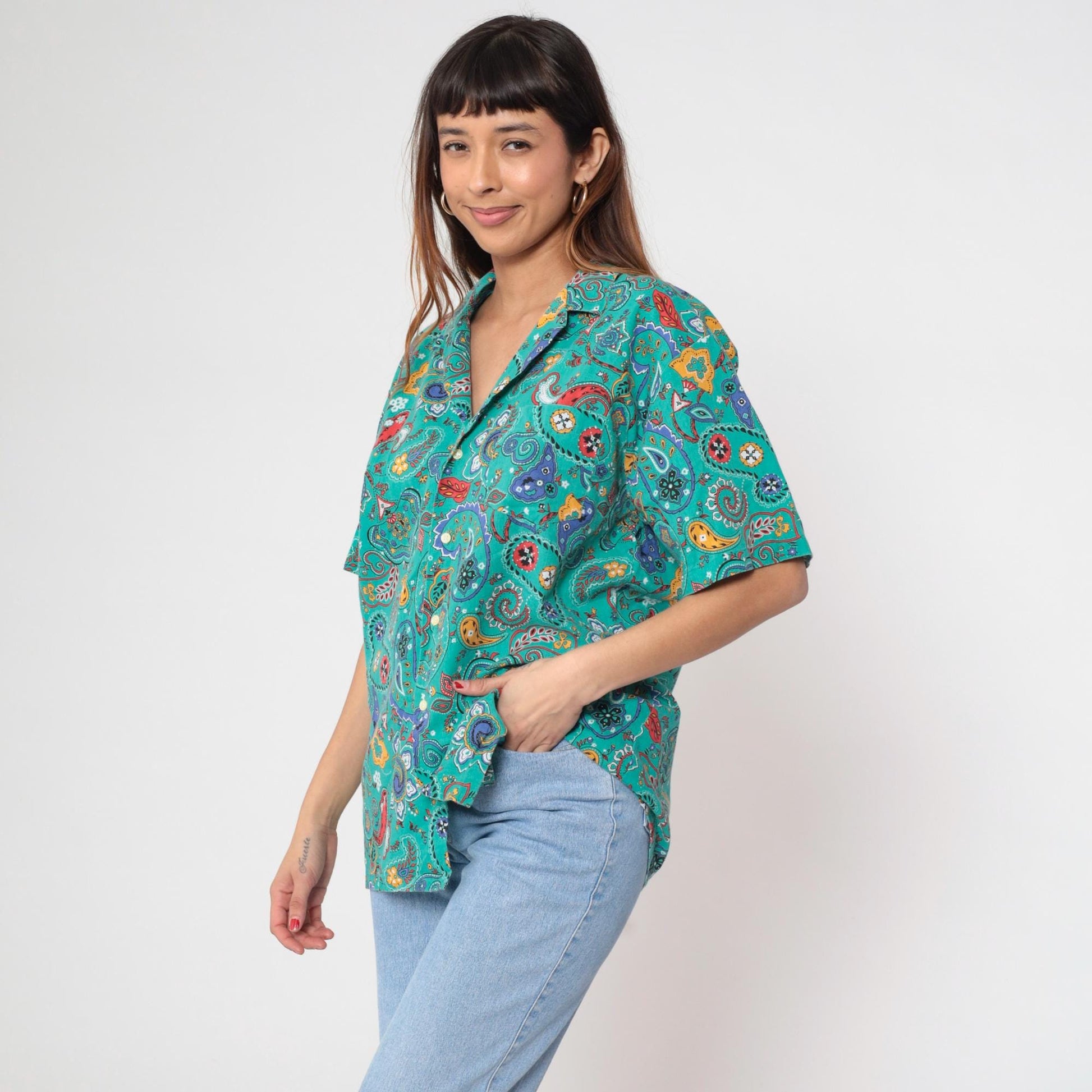 90s Hub Frankel Turquoise Paisley Button-Up Shirt Short Sleeve Large L