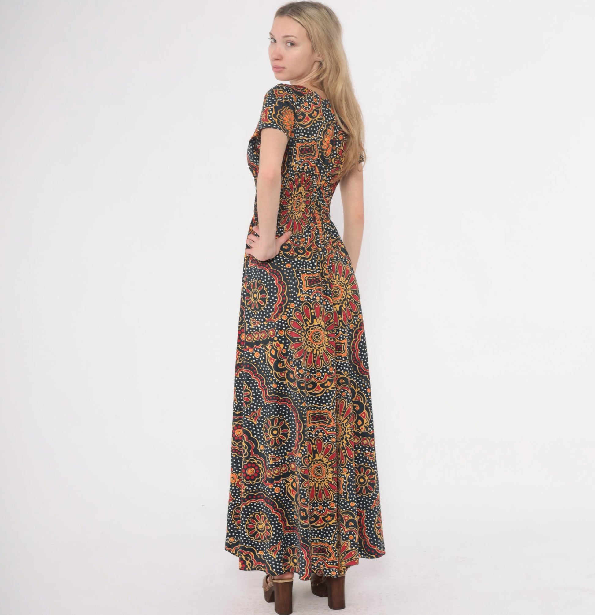 70s Psychedelic Maxi Dress Paisley Floral Navy Orange Red Yellow Small
