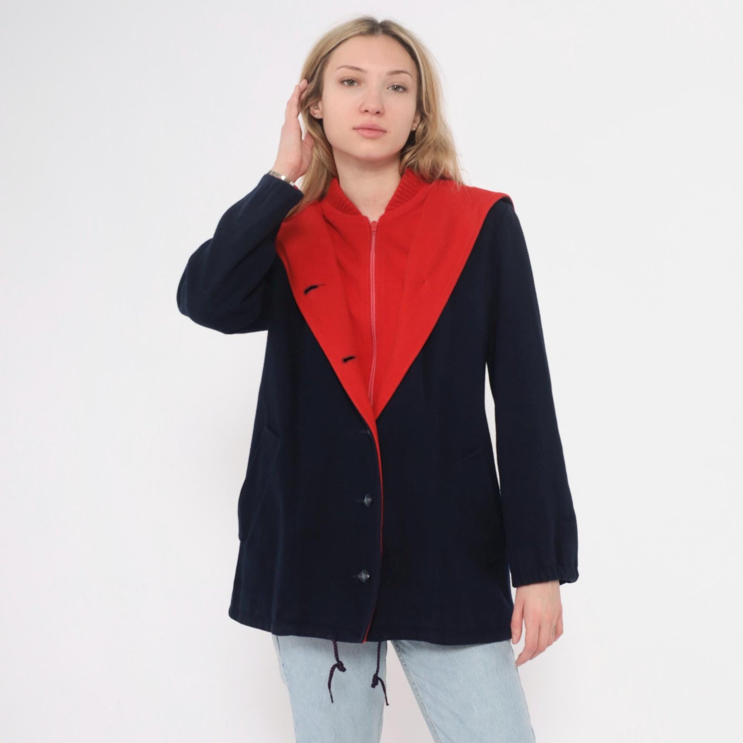 70s Mackintosh Wool Hooded Toggle Coat Navy Red Colour Block Medium