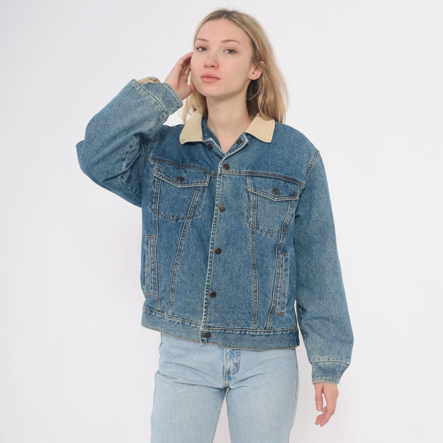 90s Denim Trucker Jacket Corduroy Collar Flannel Lined Medium Blue
