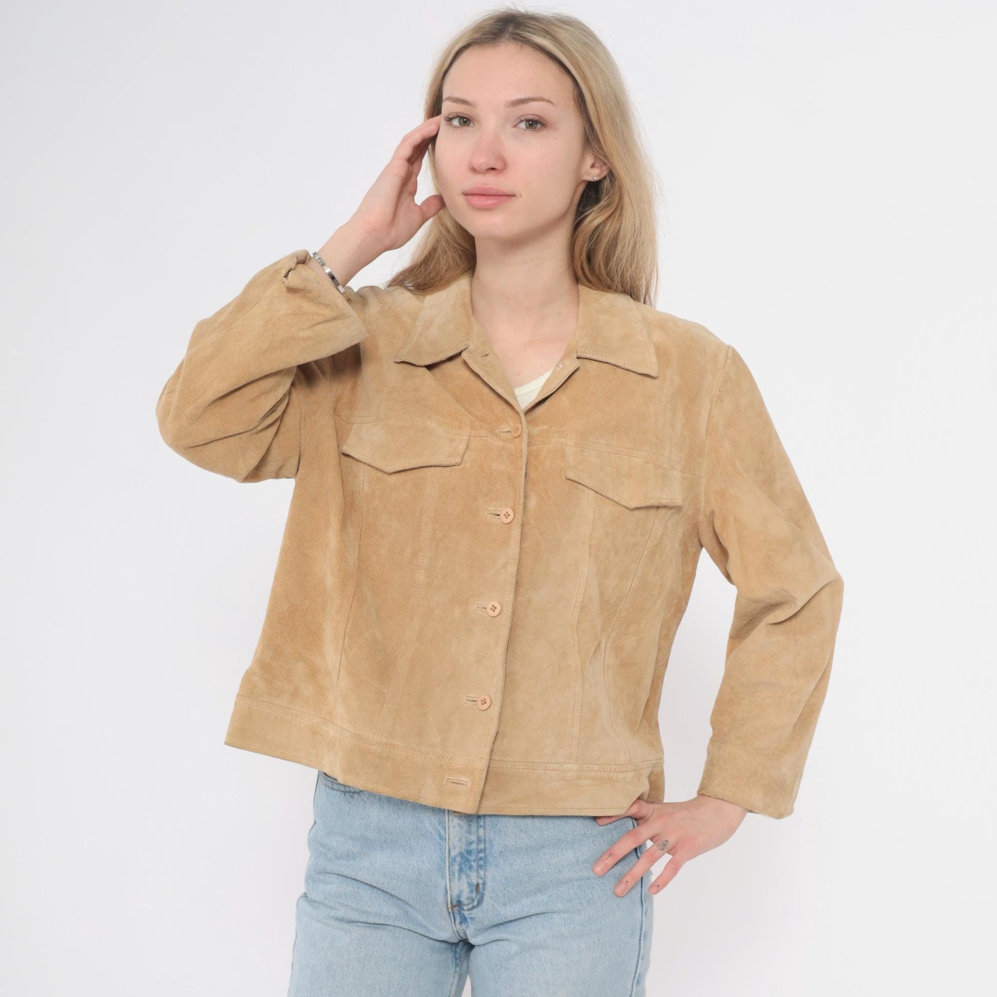 Y2K Willi Smith Tan Suede Jacket Cropped Button Front Medium M
