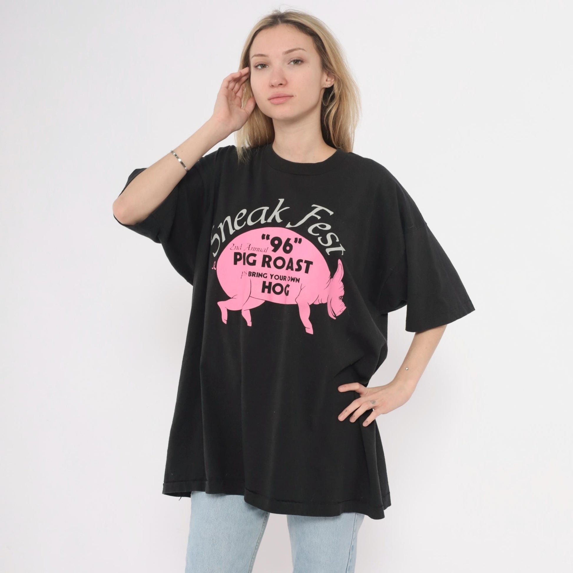 90s Sneak Fest Pig Roast Graphic T-Shirt Black Cotton Extra Extra Large XXL