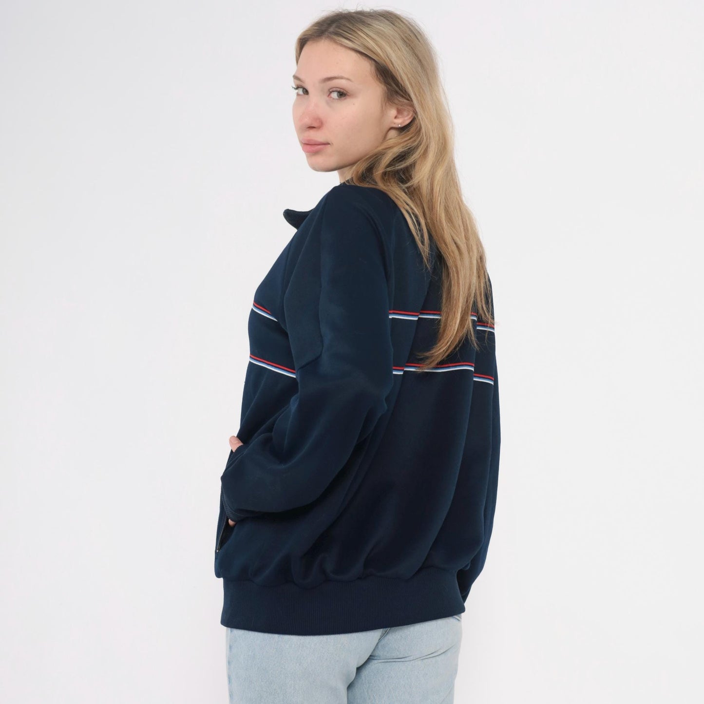 80s The Sports Scene Navy Track Jacket Striped Raglan Zip Large L