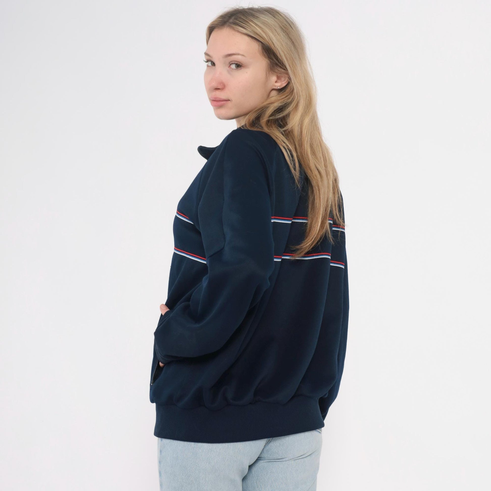 80s The Sports Scene Navy Track Jacket Striped Raglan Zip Large L