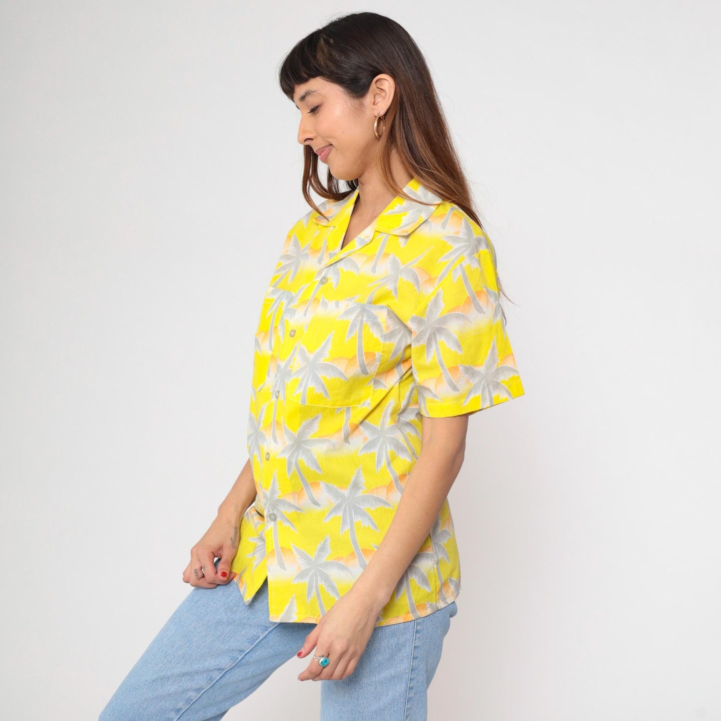 80s Tropicana Hawaiian Shirt Yellow Palm Tree Orange White Small