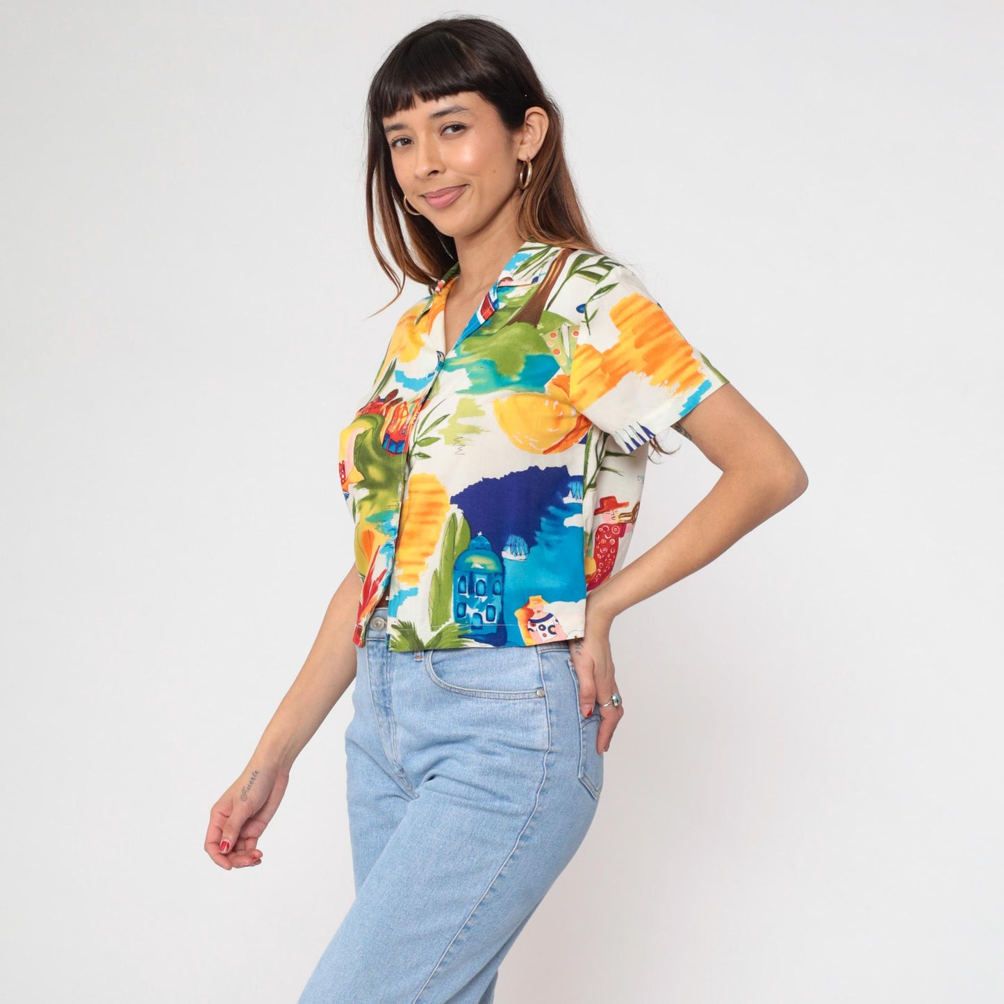 90s Tropical Print Button-Up Shirt Palm Trees Sailboats Medium